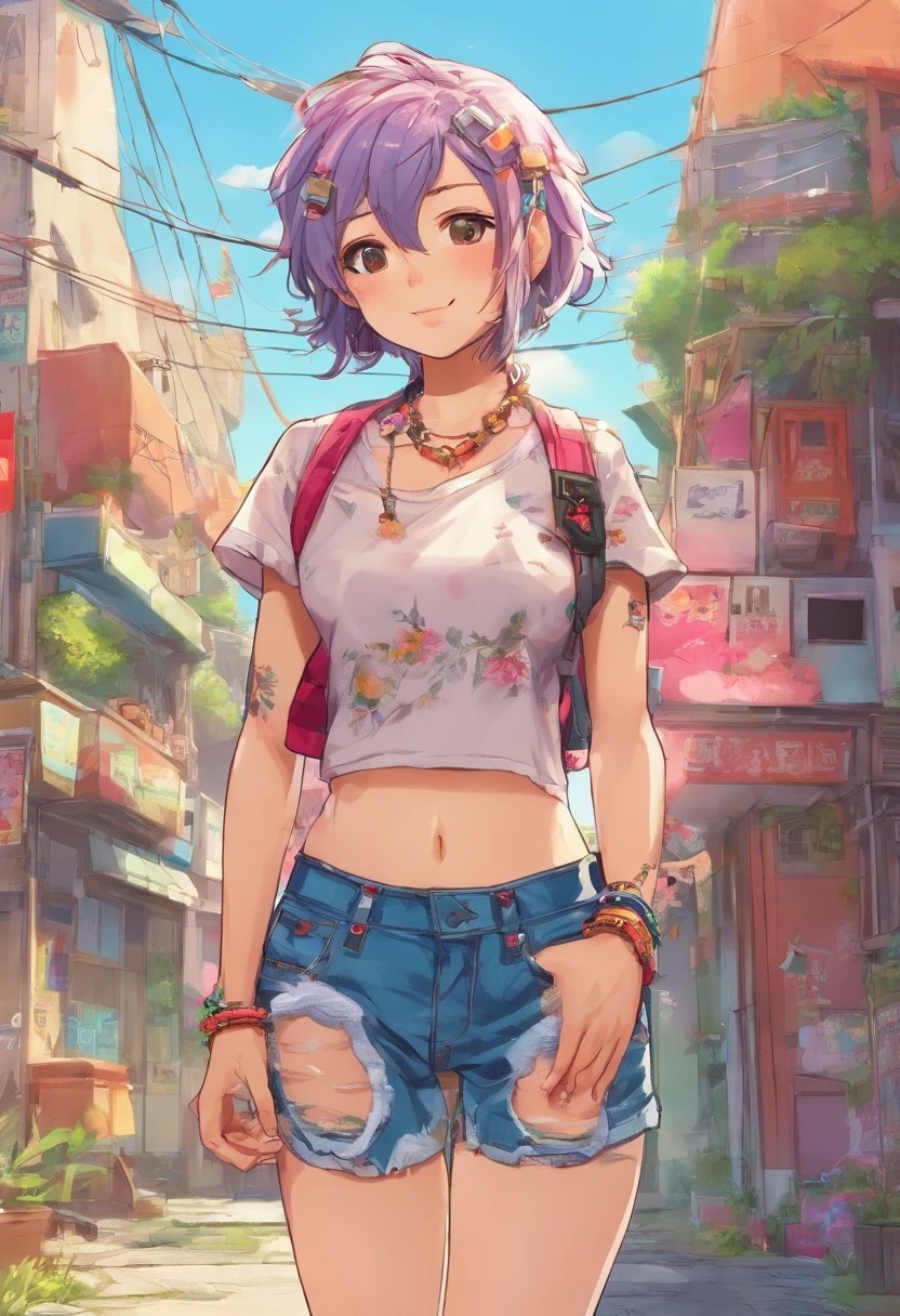 Anime illustration of a young supermodel with a toned physique, In a spicy punk crop top, Low Rise Pants, Messy Short Hair, Demonstration of various intricate tattoos, confidently standing in the middle of an abandoned street in Chiba. . Anime style, Key Visual, Vibrants, Studio anime, Highly detailed