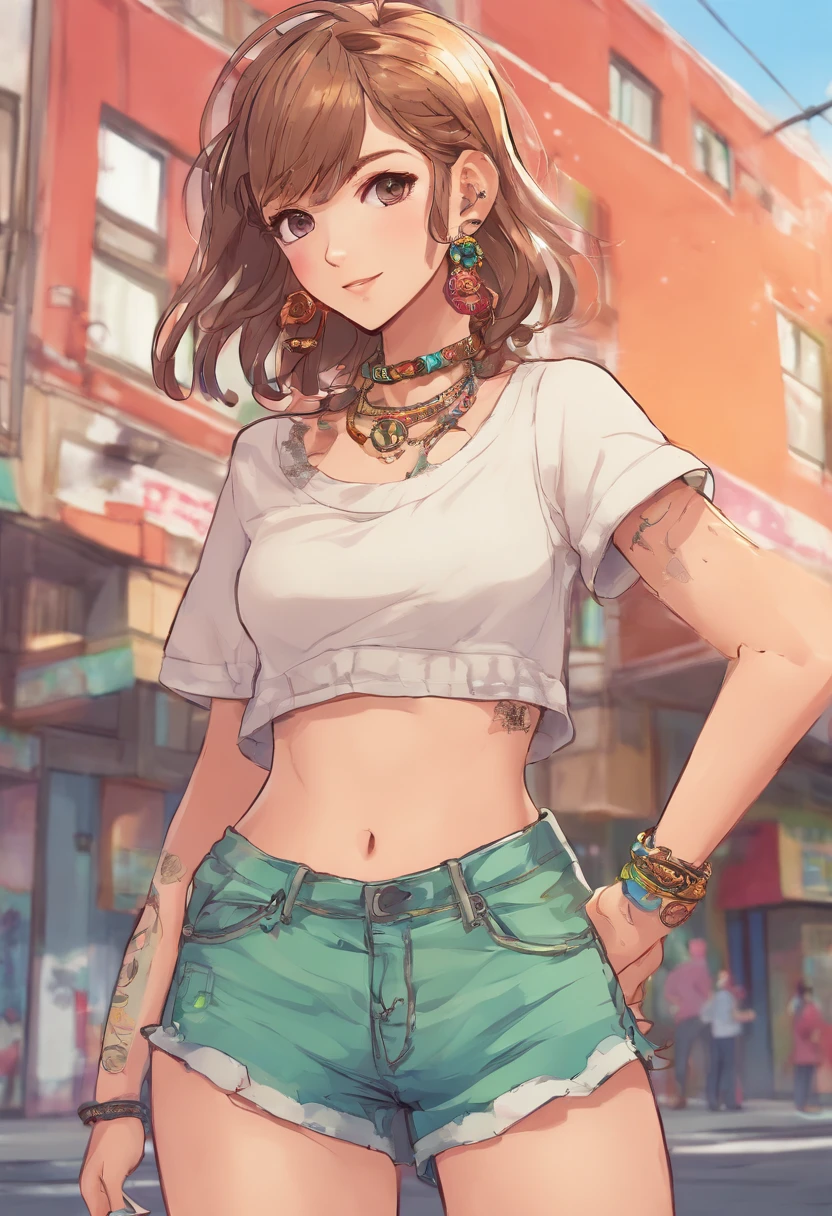 Anime illustration of a young supermodel with a toned physique, In a spicy punk crop top, Low Rise Pants, Messy Short Hair, Demonstration of various intricate tattoos, confidently standing in the middle of an abandoned street in Chiba. . Anime style, Key Visual, Vibrants, Studio anime, Highly detailed