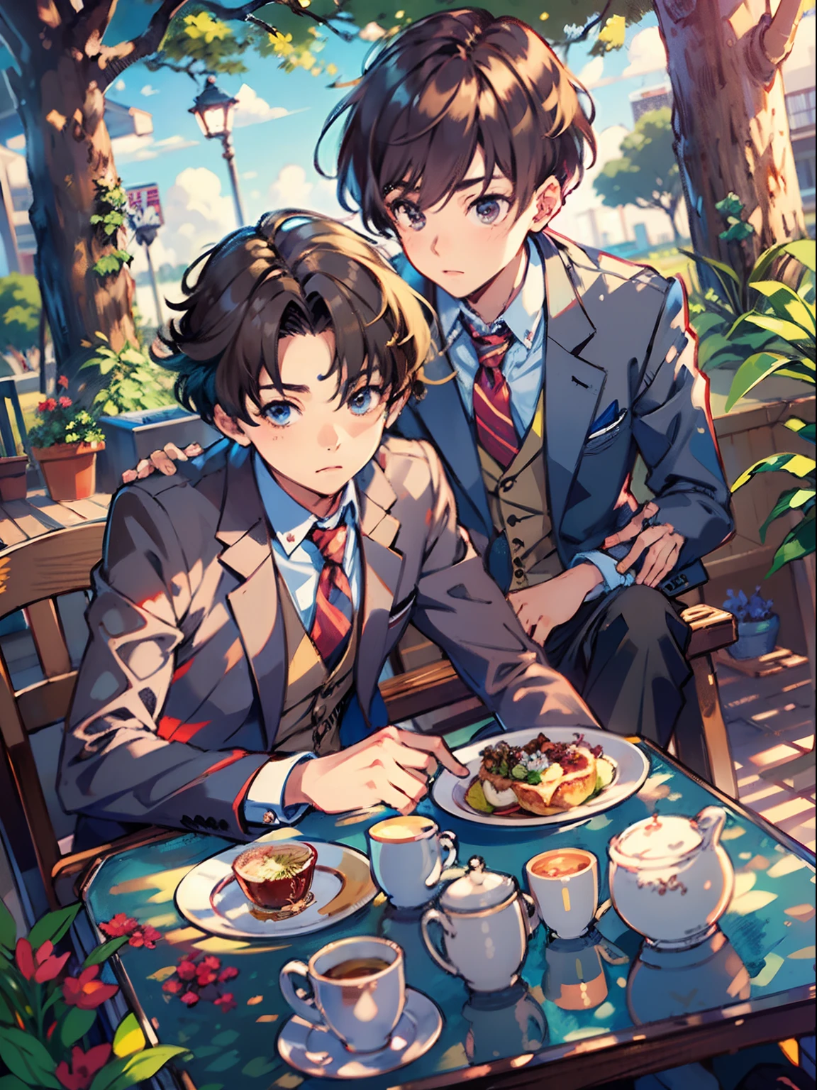 2boys,11 only、(Man's :2),(bobhair:1.5)、A dark-haired、Brown hair、Suits、Brightly colored ties、chum、cafes、Trees、twilight with clouds,Natural lighting、hightquality、masutepiece,8K,hight resolution、