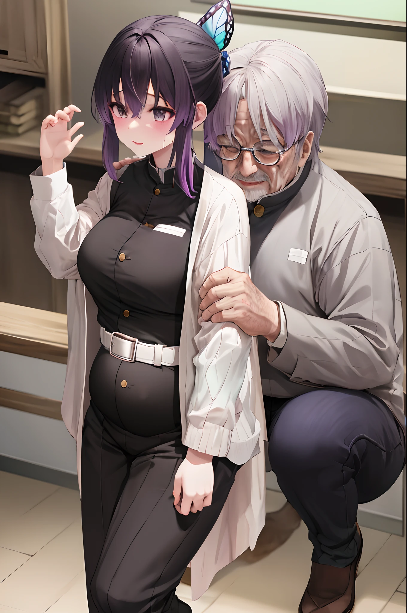 1 girl with old man, parted bangs, black pants, black jacket, long sleeves, belt, cowboy shot, purple hair, butterfly hair ornament, pregnant, squat, old man abuse girl, 1 girl, 1 old man, 1 girl hand in hand with 1 old man, black old man, ugly bastard old man, girl large amount of cloudy liquid drips from the genitals, cum face, teacher squat in front class