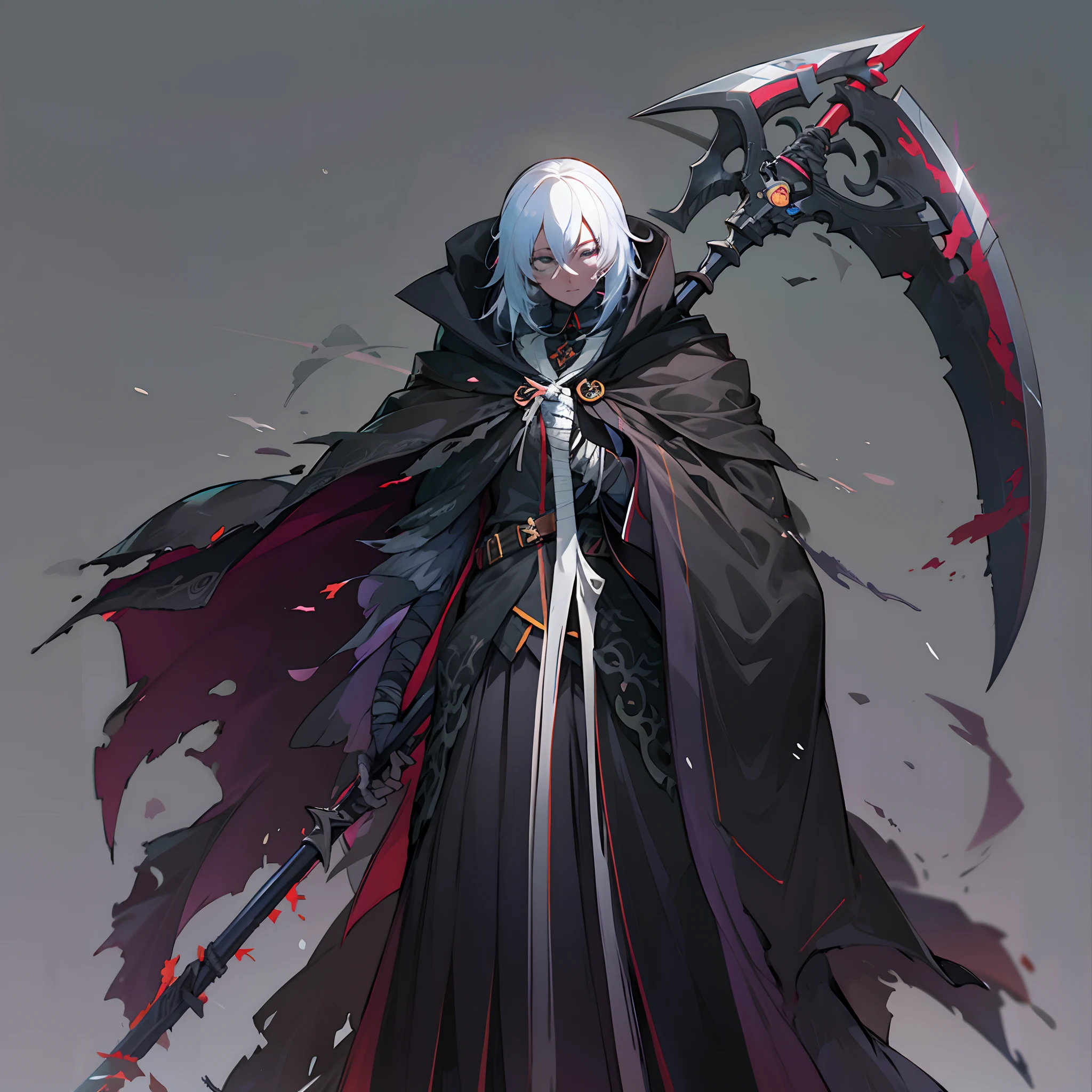 Anime artstyle, holding a scythe, wearing a stylish dark cloak, wrapped in bandages,full body,white background, wallpaper, HD quality, extremely detailed, highest quality digital art