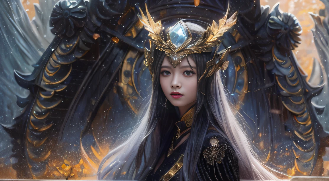 Water Goddess 32K，复杂，ellegance，highly  detailed，A majestic，Digital photography，Autumn cowboy shot，surrealism painting，Broken rubies，Beating magic，Entwined water magic，（tmasterpiece，Cinematic light，Fine beautiful eyes：1.2），hdr，Void 5 Energy Storm，(China 1 girl，Black eyes:1.5），Rouge skin，Glowing skin，(sitting on the stone：1.5），delicated face，Black color hair，Wear palatial gold armor，cropped shoulders，，short  skirt，Beautiful gold armor，Rained，big breasts beautiful，looking at viewert，Face away from the camera，tmasterpiece，Side whole body,Side portrait close-up