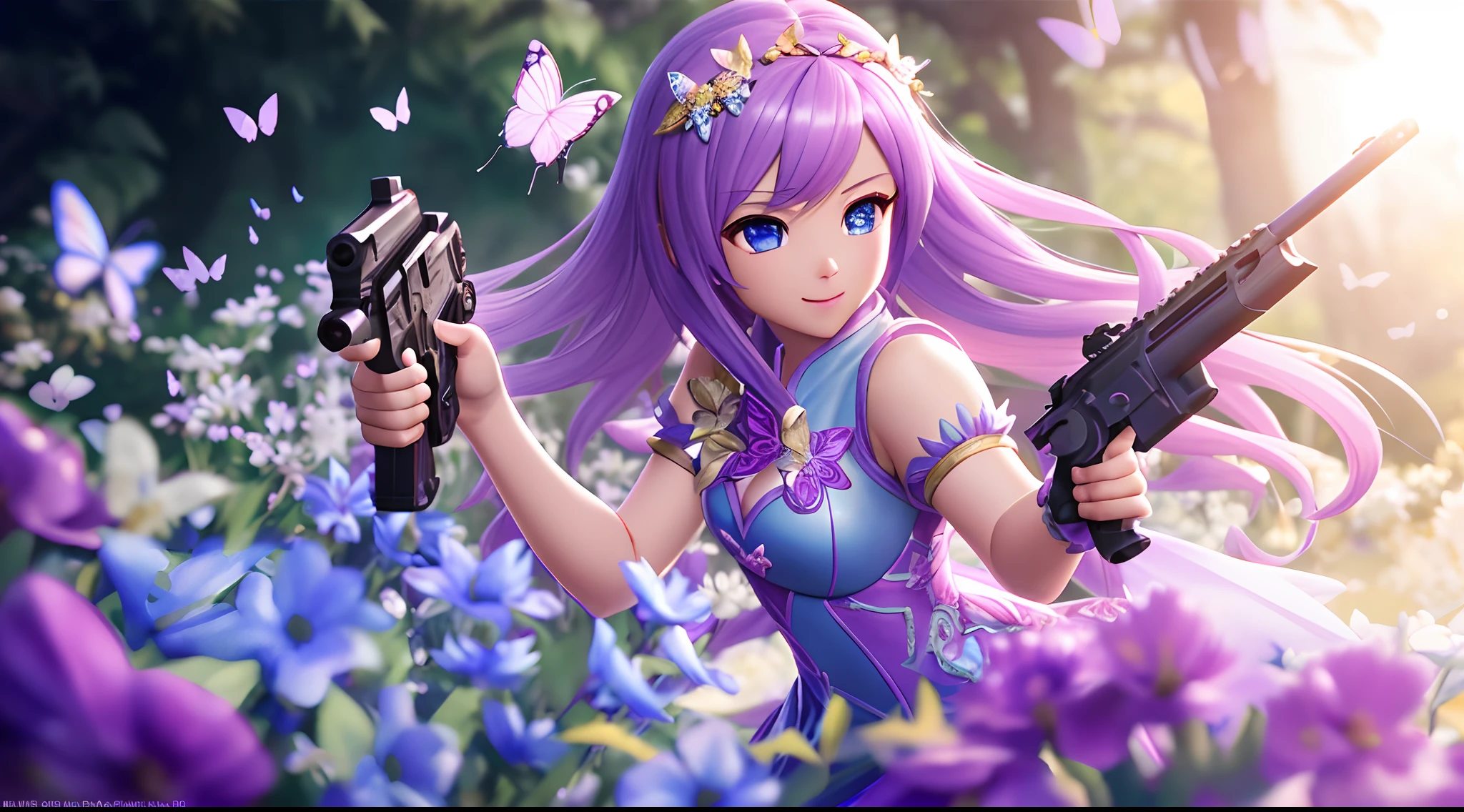 Octane Render、(Hyper-detailing: 1.15)、cinematic lightening、Taken from the side、Cute Fantasy Princess、Handgun shooting practice、Fine Pattern Pistol,long boots、ultradetailed eyes、Full Paint、(Floral hair ornament、butterfly hair ornament)、masutepiece、Anatomically correct、blur、depth of fields