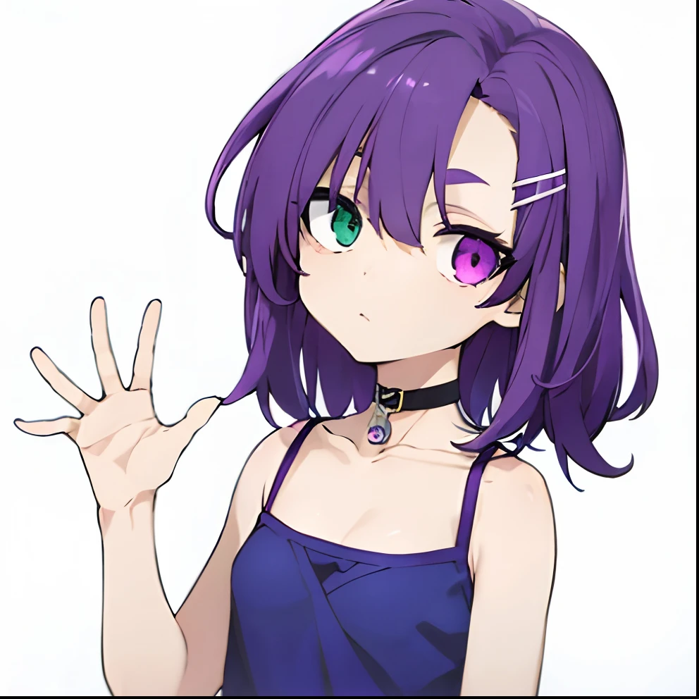 best qualtiy，tmasterpiece, High quality, Solo, purple color  hair, length hair, Hairpin, Heterochromia, Green eyes, Purple eyes, Reo Mikage, Blue Lock, Bare shoulders, no sleeves, Camisole, chinese clothes, Choker, arm warmer,Black Leggings, Bare legged, bandaged, Scar, Big breasts