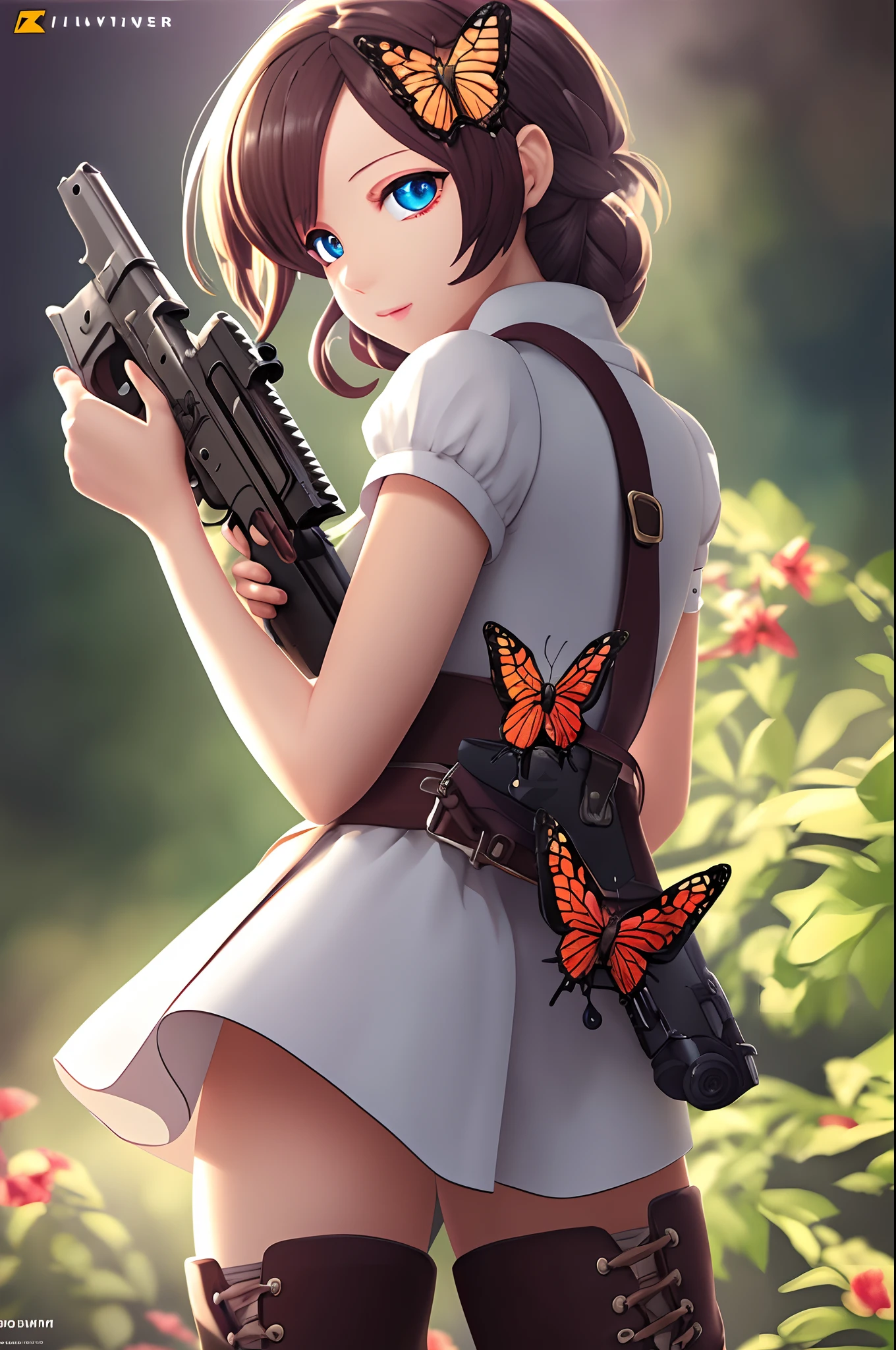 Octane Render、(Hyper-detailing: 1.15)、cinematic lightening、Taken from behind、Cute Fantasy Princess、Handgun shooting practice、Fine Pattern Pistol,long boots、ultradetailed eyes、Full Paint、(Floral hair ornament、butterfly hair ornament)、masutepiece、Anatomically correct、blur、depth of fields