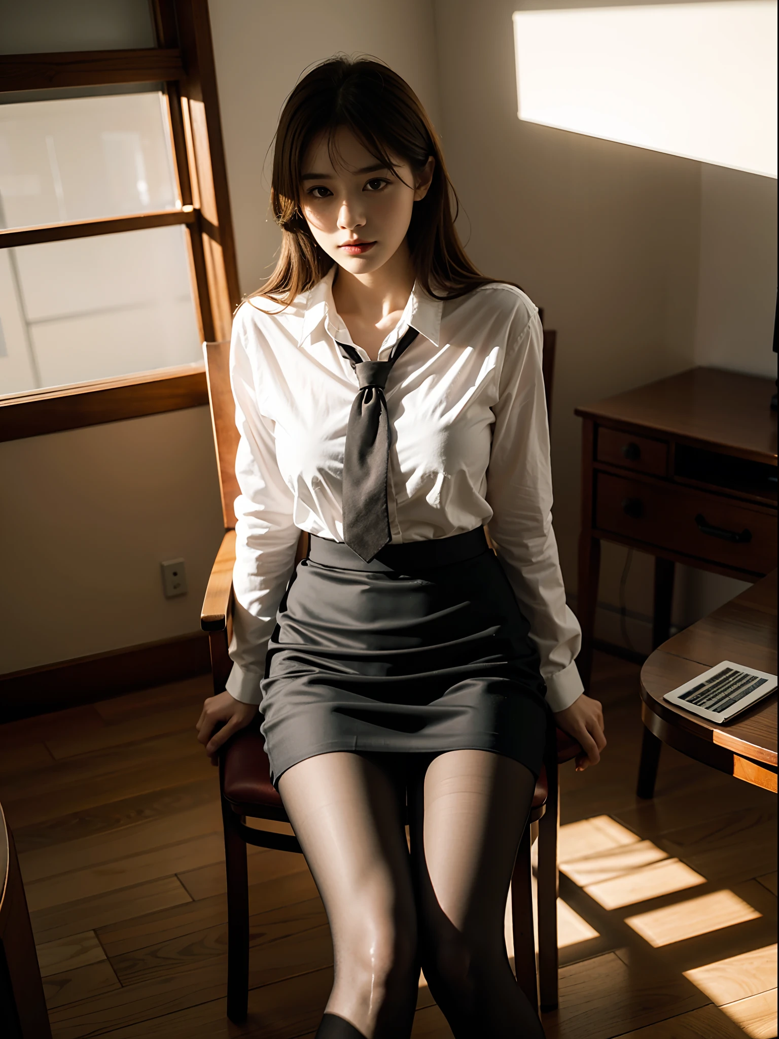1girl,young girl, shiny skin,medium breasts,nice leg line:1.3, thin waist,school uniform, thighhighs,necktie,((pencil skirt)),looking at viewer,from below,( pantyhose:1.3),(The golden ratio figure),(Office, sit in a chair:1.3),Close range
masterpiece, best quality, best perspective, ultra-detailed and intricate, extremely delicate and beautiful, best quality light, (ray tracing:1.1), anti-aliasing,
realistic,photorealistic,award-winning illustration,(intricate details:1.2),(delicate detailed) (intricate details),(cinematic light,best quality Backlights),clear line,sharp focus,official art,unity 8k wallpaper,absurdres,incredibly absurdres,huge filesize,ultra-detailed,highres,extremely detailed extremely delicate and beautiful,RAW photo, professional lighting,dynamic lighting,light on the face,depthoffield,solofocus,