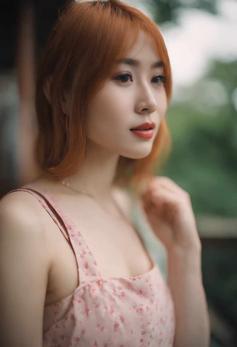Close-up portrait of a girl in Japan, Classic Bob, Apron、No bra no panties、 Amazing body, pronounced feminine feature, Micromilk, kitchin, [ash blonde | ginger | Pink hair], freckle, flirting with camera
