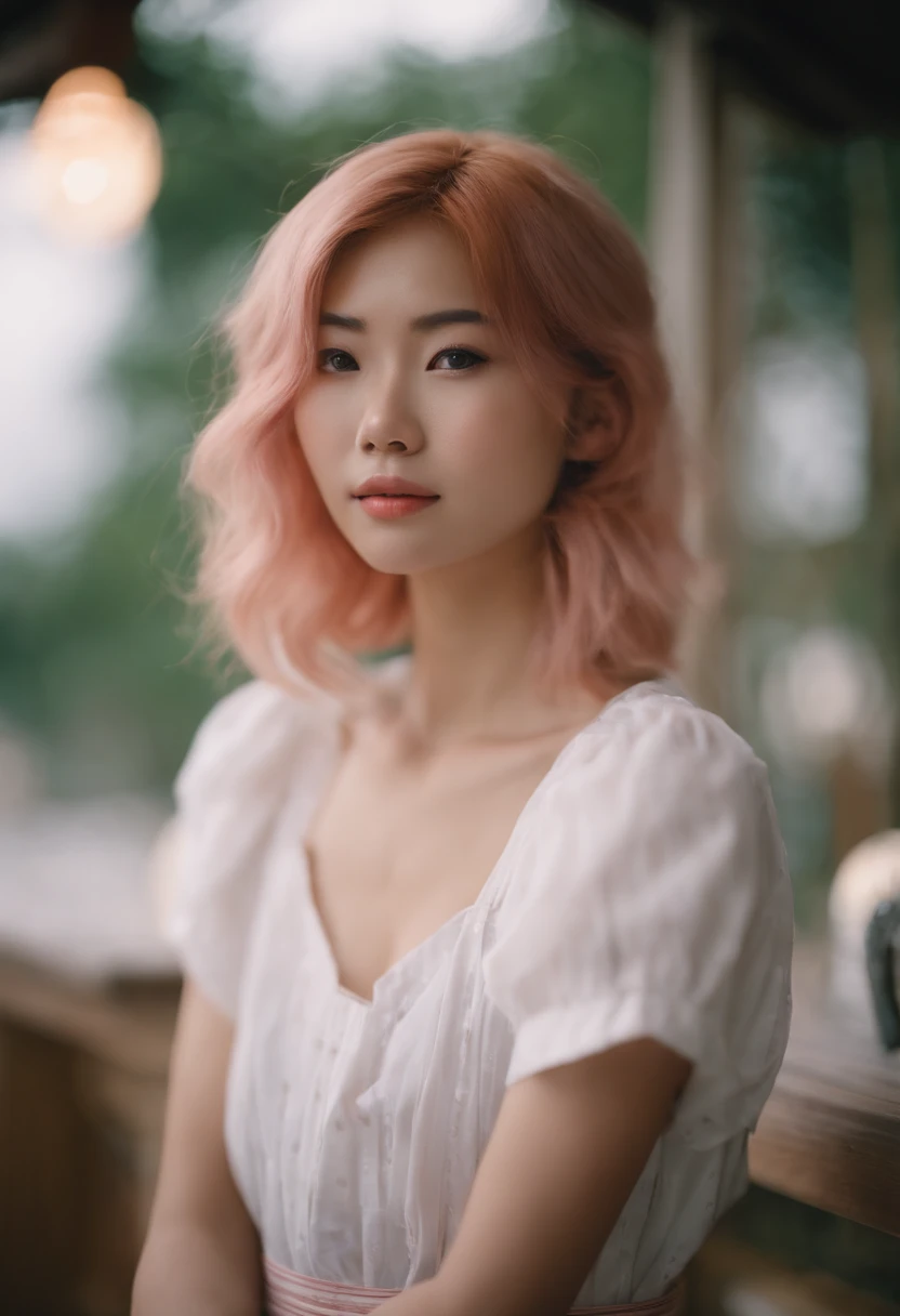 Close-up portrait of a girl in Japan, Classic Bob, Apron、No bra no panties、 Amazing body, pronounced feminine feature, Micromilk, kitchin, [ash blonde | ginger | Pink hair], freckle, flirting with camera