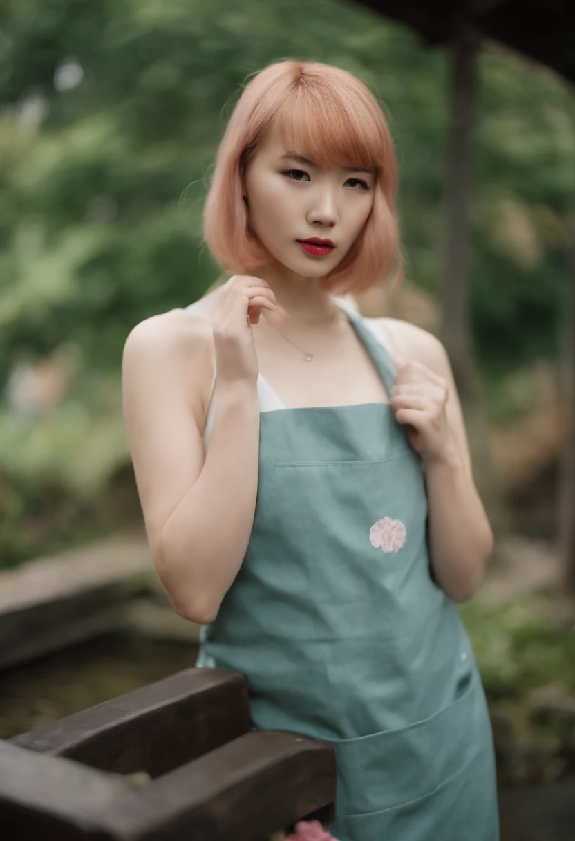 Close-up portrait of a girl in Japan, Classic Bob, Apron、No bra no panties、 Amazing body, pronounced feminine feature, Micromilk, kitchin, [ash blonde | ginger | Pink hair], freckle, flirting with camera