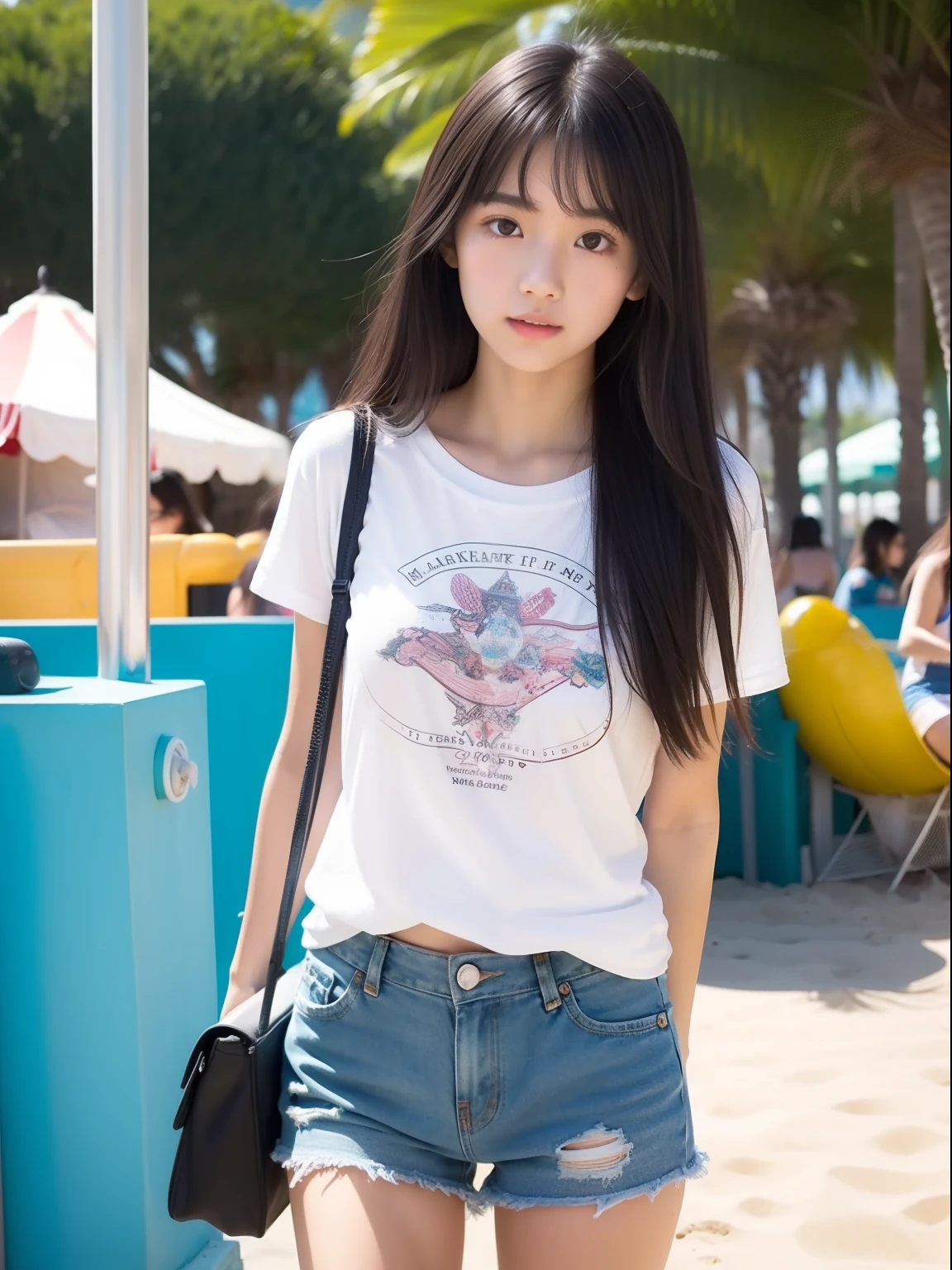 Looks Back,年轻,beach shorts,Long T-shirt,teens girl,Delicate body,petite body,Delicate body,small tits,tiny chest,A dark-haired,Very Longhair,An amusement park