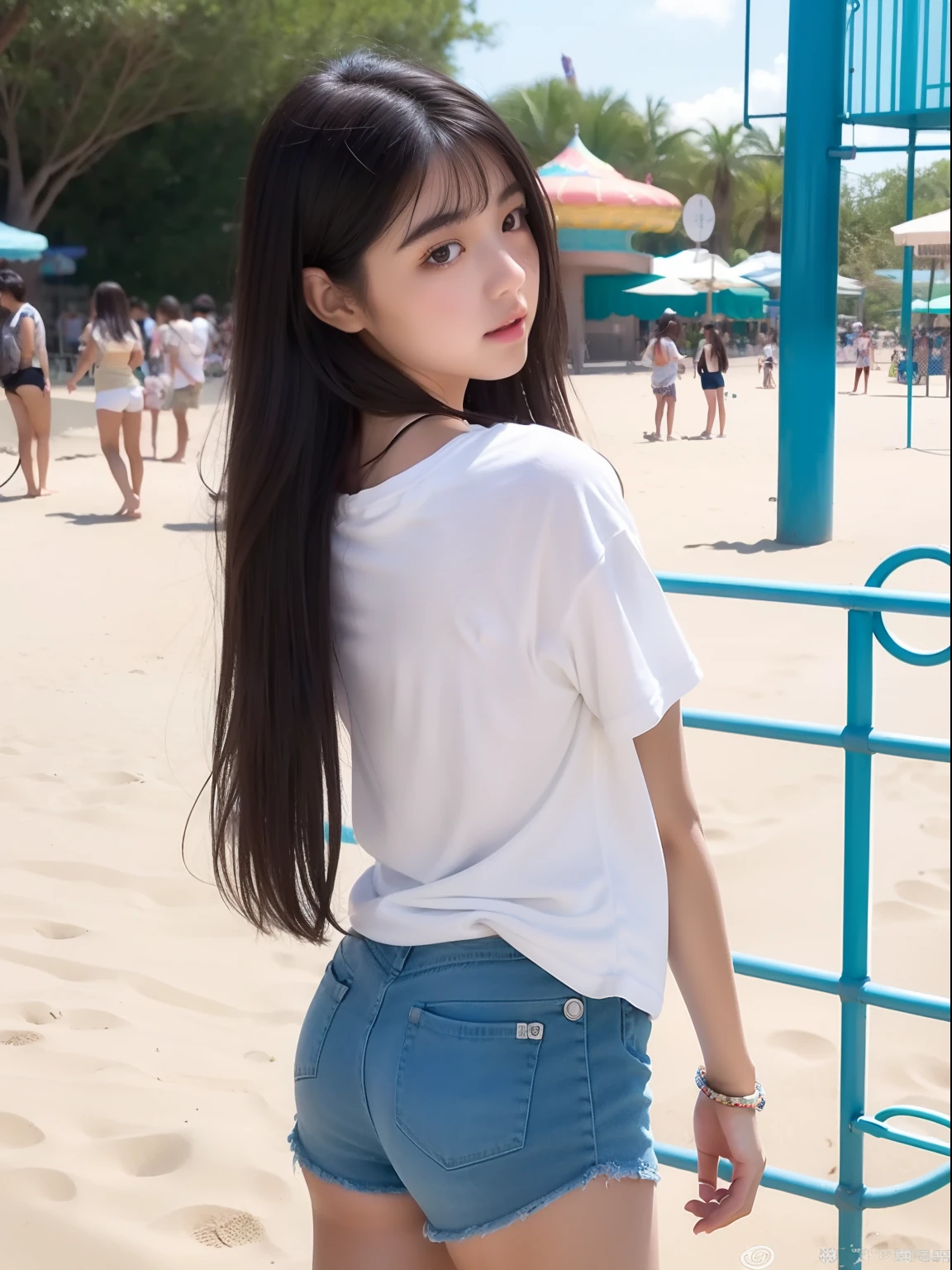 Looks Back,年轻,beach shorts,Long T-shirt,teens girl,Delicate body,petite body,Delicate body,small tits,tiny chest,A dark-haired,Very Longhair,An amusement park
