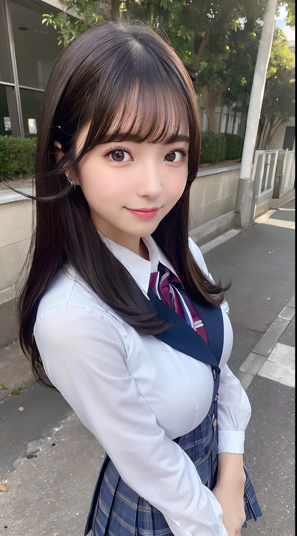 selfee、(from the front side),(Face:1.3),(Eye focus:1.4),(close up:1.3),(wide eyes:1.3),Attractive eyes,Eyelashes,Round eyes,jewelry eyes,Twinkle Eyes,slanted eye, eyesight, long eyelashes, Eye Highlights,(Smile with open mouth),look at viewr,Light transparency, Diffraction of light, Best Quality, masutepiece, High quality, High resolution, Detailed, (1womanl), (high-school uniform:1.5), Beautiful face, Full face blush:1.3, Beautiful eyes, (Blue-black hair), (semi long hair),((Hair to the shoulders:1.2)) (18year old,) (ample breasts:1.2), (A smile:1.2),perfect fingers in perfect hands,((A smile:1.2))