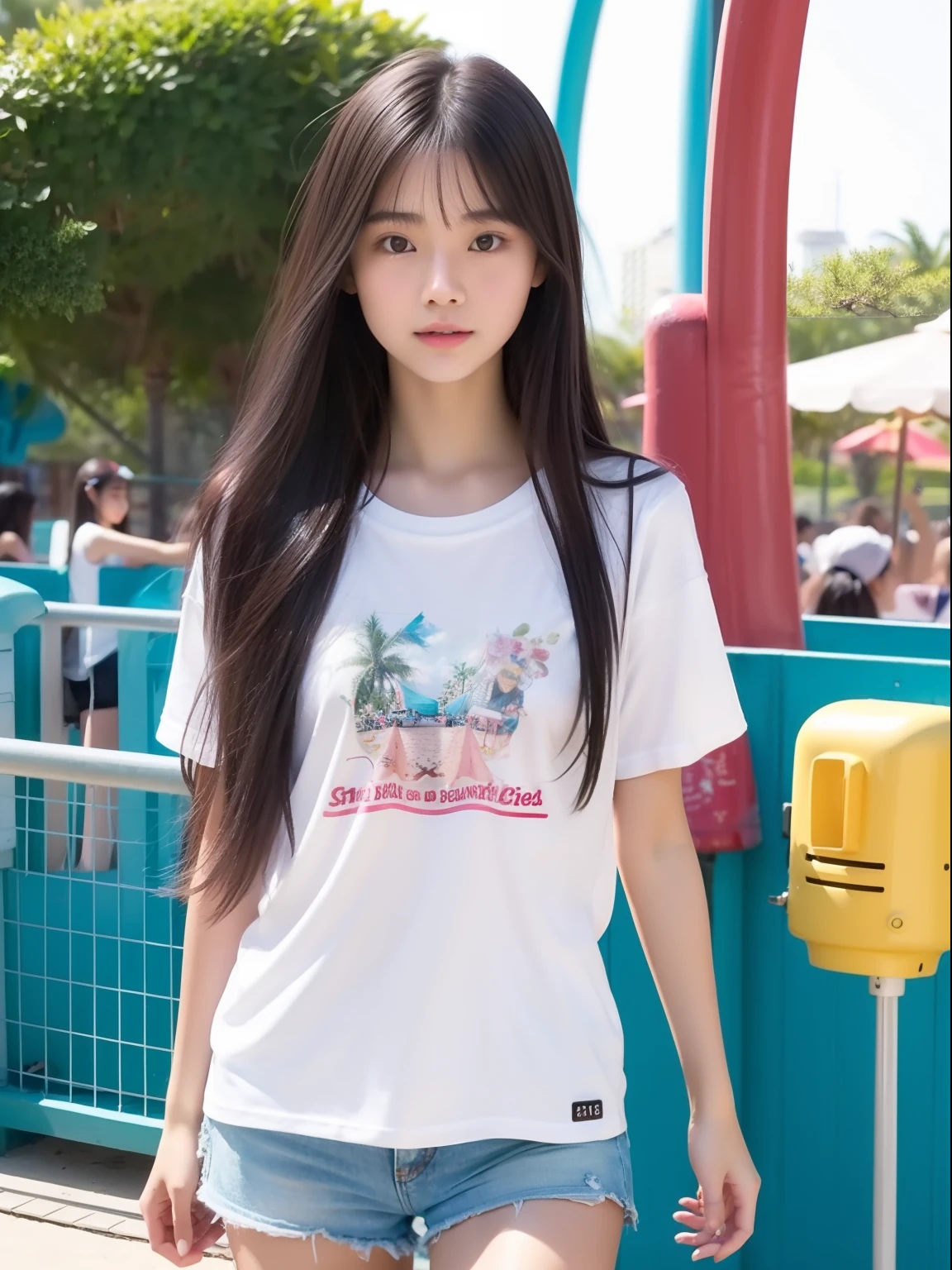 Looks Back,年轻,beach shorts,Long T-shirt,teens girl,Delicate body,petite body,Delicate body,small tits,tiny chest,A dark-haired,Very Longhair,An amusement park