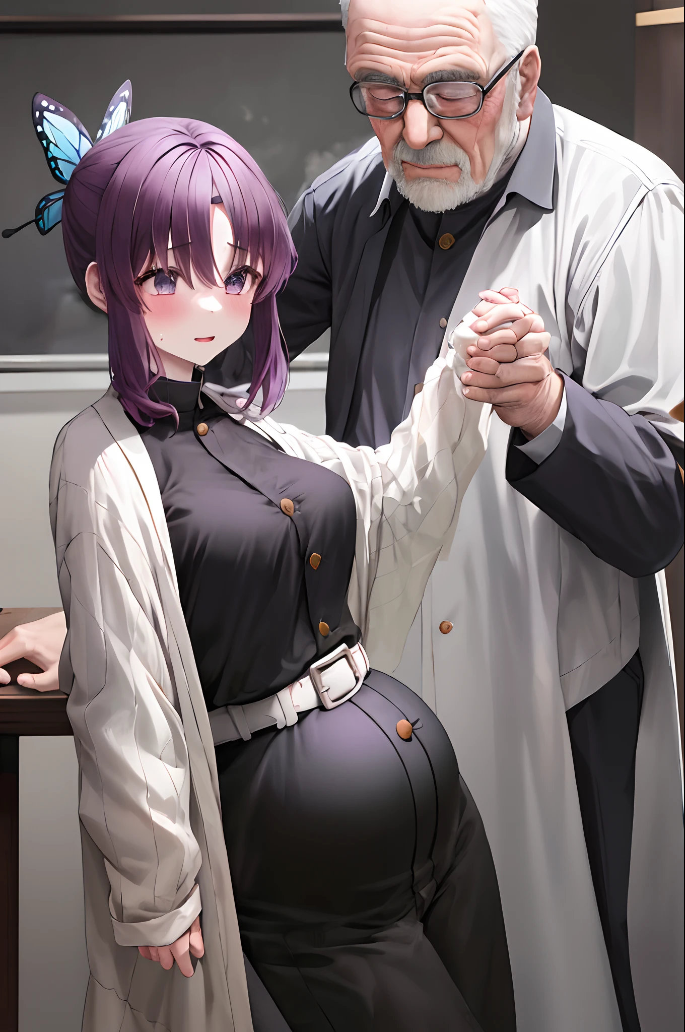 1 girl with old man, parted bangs, black pants, black jacket, long sleeves, belt, cowboy shot, purple hair, butterfly hair ornament, pregnant, squat, old man abuse girl, 1 girl, 1 old man, 1 girl hand in hand with 1 old man, black old man, ugly bastard old man ,fat old man, girl large amount of cloudy liquid drips from the genitals, cum face, teacher squat in front class, humiliated, squat girl