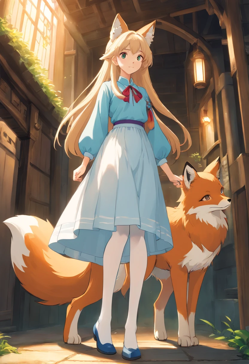 fox ear,Masterpiece,Extremely tall girl,Huge maiden,Slender calves,Full limbs,Long-range shots,whaite hair,white stockings,a white long skirt