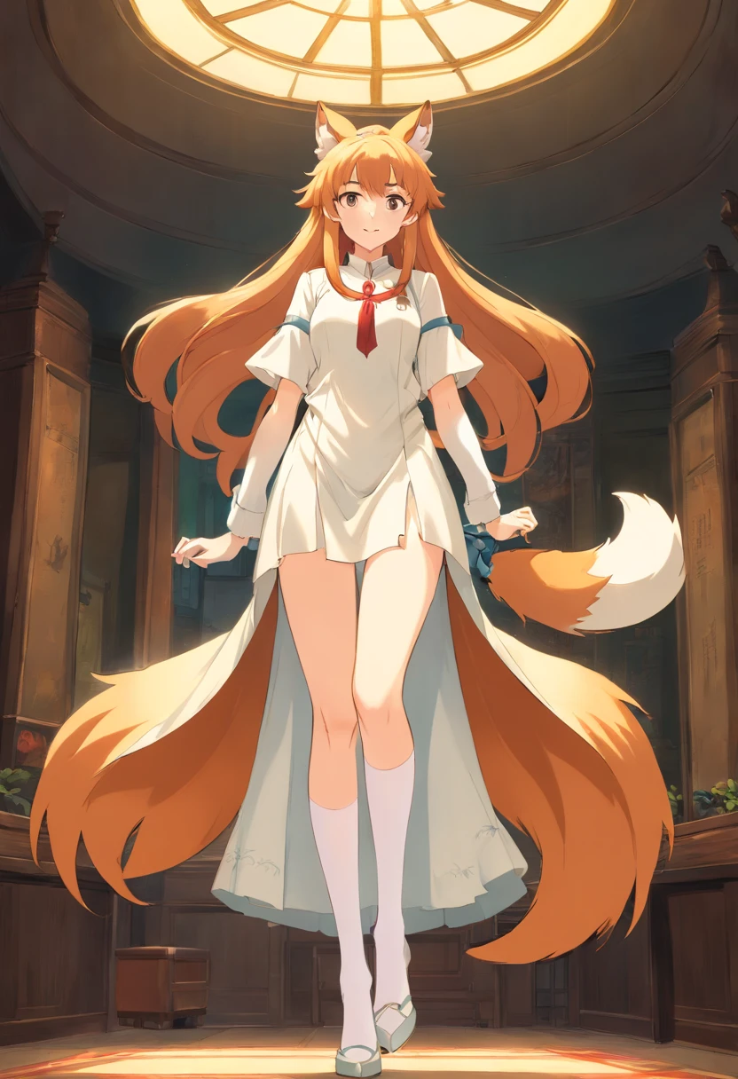 fox ear,Masterpiece,Extremely tall girl,Huge maiden,Slender calves,Full limbs,Long-range shots,whaite hair,white stockings,a white long skirt
