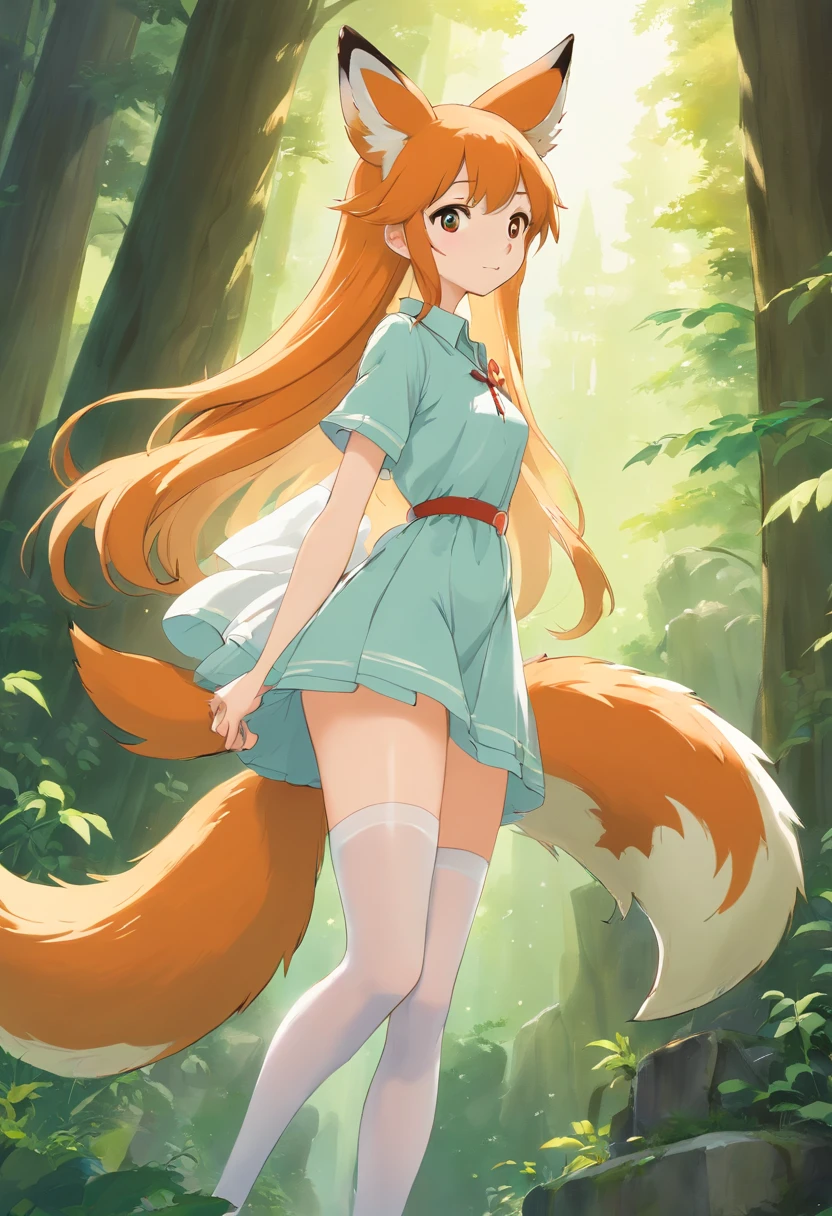 fox ear,Masterpiece,Extremely tall girl,Huge maiden,Slender calves,Full limbs,Long-range shots,whaite hair,white stockings,a white long skirt