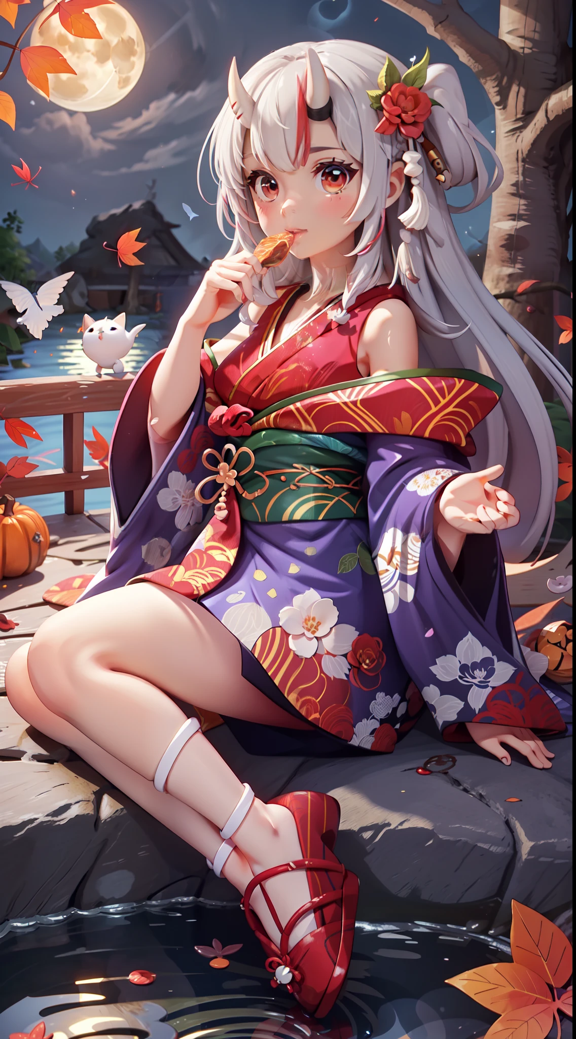 A beautiful moonlit night. Japan garden with impressive autumn leaves and、Pond with floating autumn leaves. Woman in kimono eating tea sweets on porch overlooking garden. She has a beautiful face and brightly colored shining eyes. She wears a kimono with an intricate and beautiful pattern. Nice Japanese sweets. The moonlight reflects off the surface of the pond and glitters. Detailed drawing. Vivid colors. High image quality.