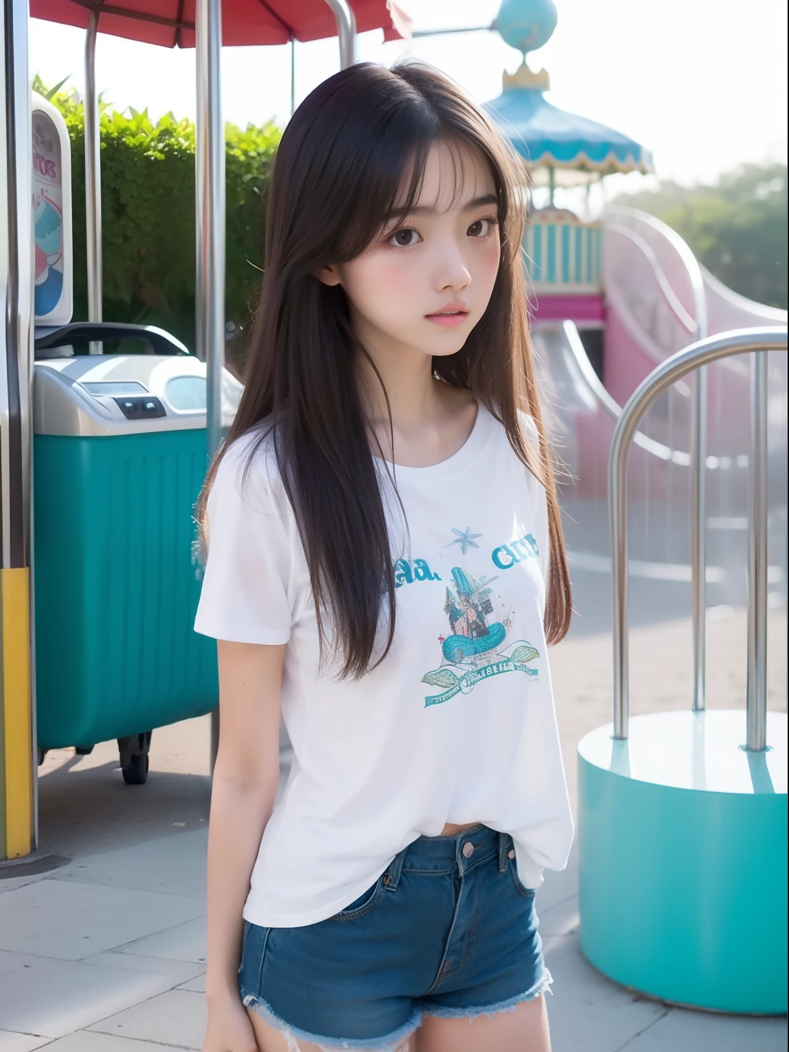 Looks Back,年轻,beach shorts,Long T-shirt,teens girl,Delicate body,petite body,Delicate body,small tits,tiny chest,A dark-haired,Very Longhair,An amusement park