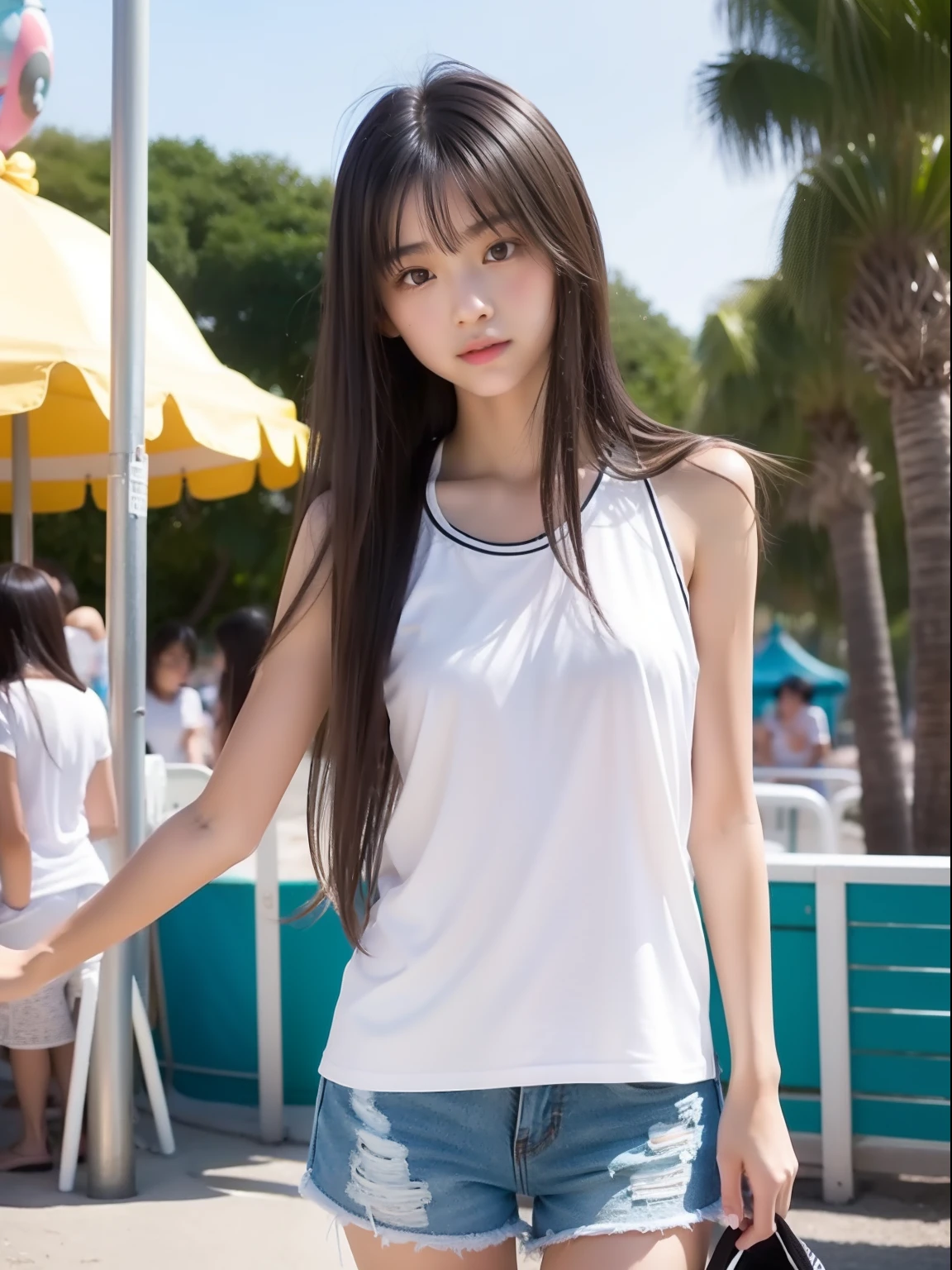 (Skin wounds:1.2), (Skin dents), black eye, 1woman, 18-year-old, (((woman))), alone, Realistic, highest quality, photoRealistic, masterpiece, 8k, High resolution, alone, Highly detailed face, (Professional Lighting, Bokeh), (Particles of light, Lens flare, Glowing particles:0.6), (Dynamic pose:1.2), Soft lighting, View from above, Fashionable and trendy atmosphere, Beach, nice hotel, city, port, ((Daytime)), null, ((Looking at the audience:1)), (Looking at the camera),(Portraiture:0.6), Cowboy Shot, nice, Are standing, Maintain the original face proportions, Broad shoulders, whole body, (Huge breasts), (Long Hair), Black Hair, Floating Hair, lips, lipstick, seductive smile, Floating Hair, smile, Open_mouth, teeth, (sleeveless white shirt), (mini skirt), eyelash, Mole, (Mole under eye:1),