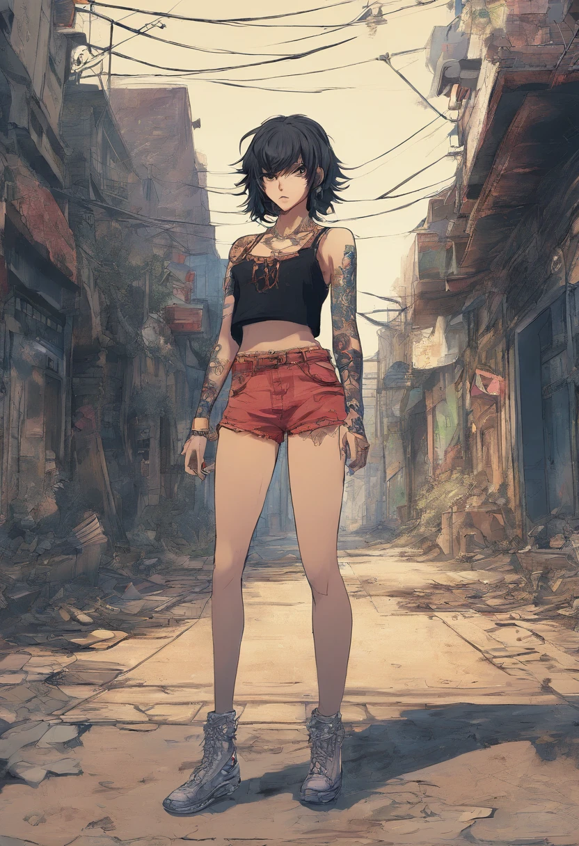 Anime illustration of a young supermodel with a toned physique, In a spicy punk crop top, Low Rise Pants, Messy Short Hair, Demonstration of various intricate tattoos, confidently standing in the middle of an abandoned street in Chiba. . Anime style, Key Visual, Vibrants, Studio anime, Highly detailed