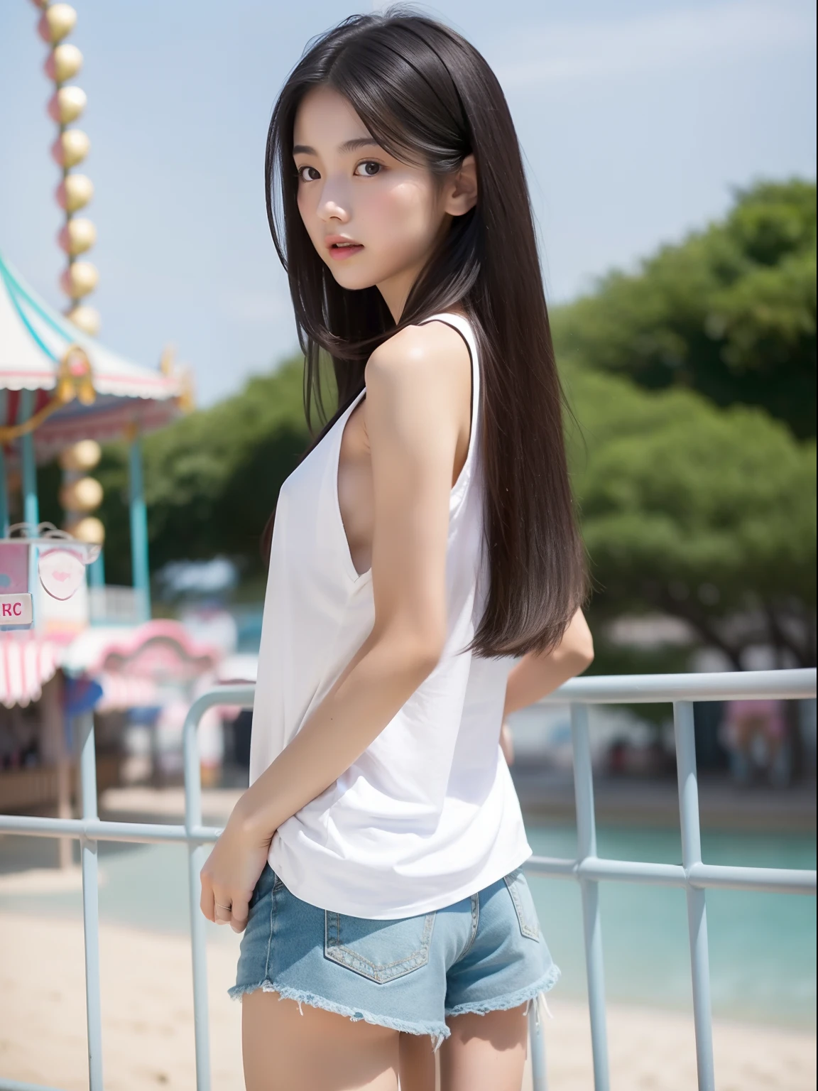 Looks Back,年轻,beach shorts,Long T-shirt,s girl,Delicate body,petite body,Delicate body,small tits,tiny chest,A dark-haired,Very Longhair,An amusement park
