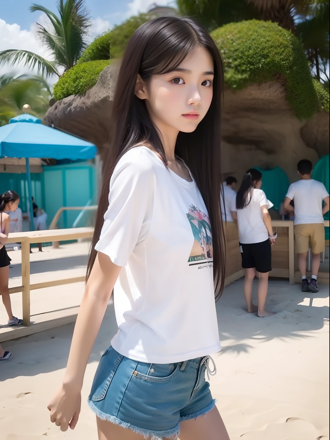 Looks Back,年轻,beach shorts,Long T-shirt,s girl,Delicate body,petite body,Delicate body,small tits,tiny chest,A dark-haired,Very Longhair,An amusement park
