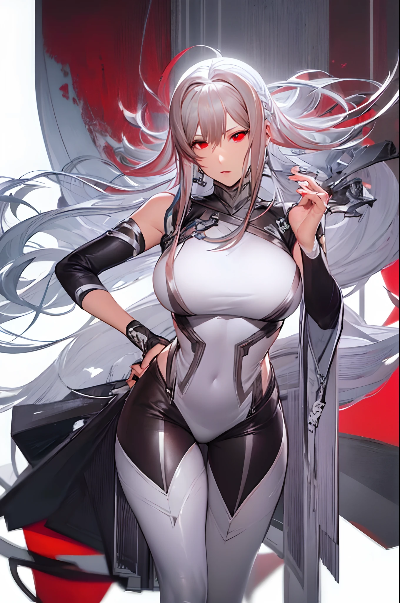 Best quality, Ultra-detailed, Hyper-realistic, serene, Solo, 1 girl, Beautiful girl, Gaze, (Red eyes:1.5), Dull hair，hair loops，Half tied hair，(Beautiful detailed eyes:1.2), (Long flowing hair:1.2), (White hair:0.8), (Silver hair:1.5), (Wing-shaped bangs:0.5), (Fluffy braids:0.5), (ahoge:0.5), (Hair accessories:0.5), (Braided hair:0.5),tight leather pants，full bodyesbian， Agent costumes, White background, Minimalist landscape