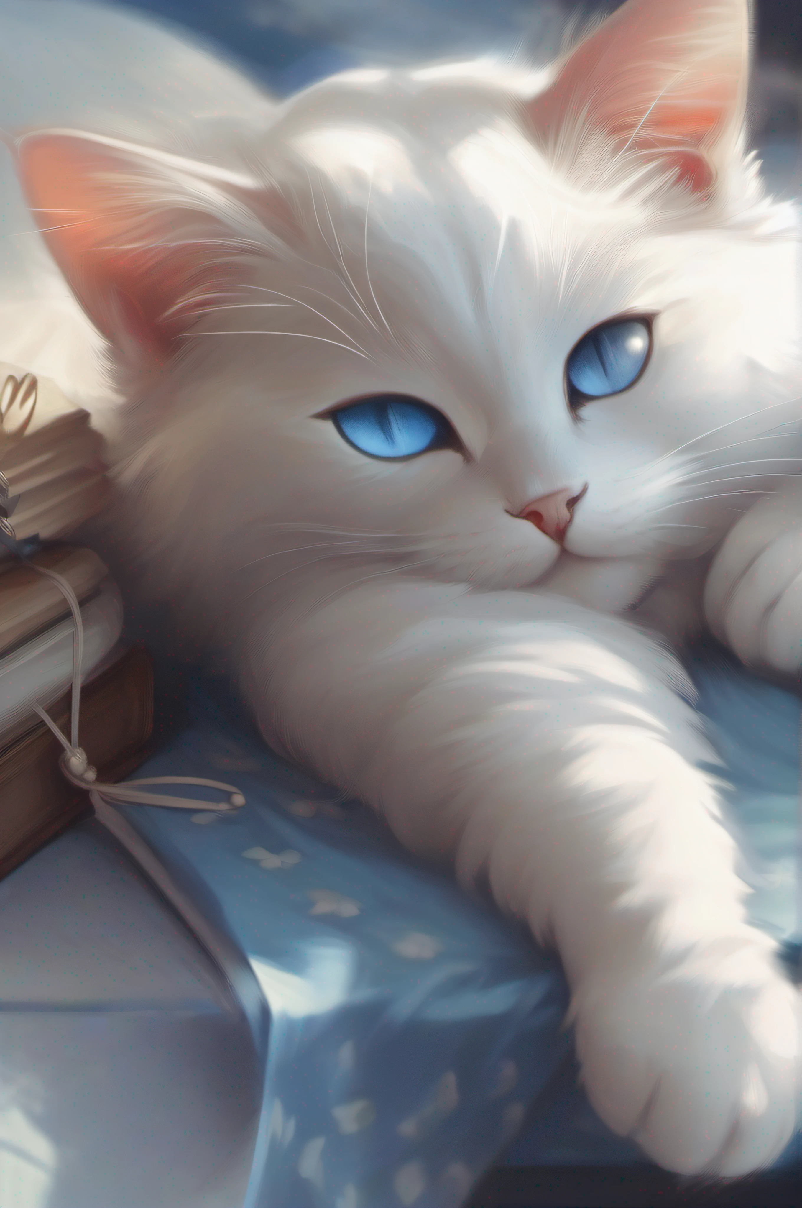 Blue-eyed cat sleeping on table、there is a cat on it。Digital Painting、illustration of a cat on it、Anime Cats、Blue fur and blue eyes、anime visual of a cute cat、Digital illustration style、No line、a cute little cat、White cat、realistic anime cat、anthropomorphic female cat