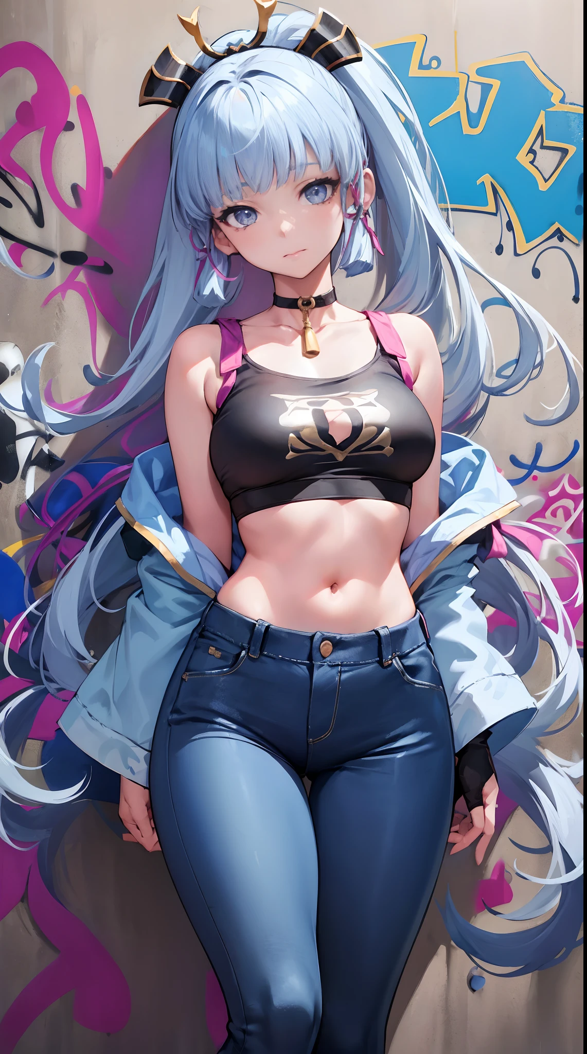kamisato ayaka|genshin impact, master-piece, bestquality, 1girls,25 years old, proportional body, elongated legs, Beautiful, proportional., crop top, Long Jeans, mediuml breasts, ,bara, crop top, choker, (Graffiti:1.5), Splash with purple lightning pattern., arm behind back, against wall, View viewers from the front., Thigh strap, Head tilt, bored,(NSTDA.:1.2), (10, beste-Qualit, master-piece: 1.4), Beautiful red hair, ultra-high resolution, (lifelike, photorealistic portrait: 1.48), 20 age, Cute Girl, (Looking Through Crop Tops.), Famous Japanese actors, beautiful clear eyes, Head tilt, cowboy shot, from the front, looking at the audience, expressionless, Beautiful lake, Zeiss 150mm F/ 2.8 Hasselblad,  Whole body, foot, Ultra-Wide Angle,