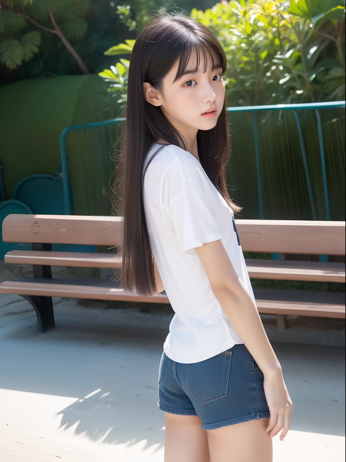 Looks Back,年轻,beach shorts,Long T-shirt,s girl,Delicate body,petite body,Delicate body,small tits,tiny chest,A dark-haired,Very Longhair,An amusement park