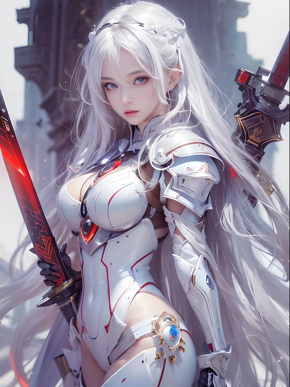 ((masterpiece:1.4, best quality:1.2)), 1girl, solo focus, tall female, delicate face, stern expression, extremely detailed anime face and eyes, beautiful white armor, hourglass figure, white hair, gradient hair, very long hair, red eyes, glowing eyes, cyberwear on face, holding plasma katana, striking, futuristic setting, white background, profile,
