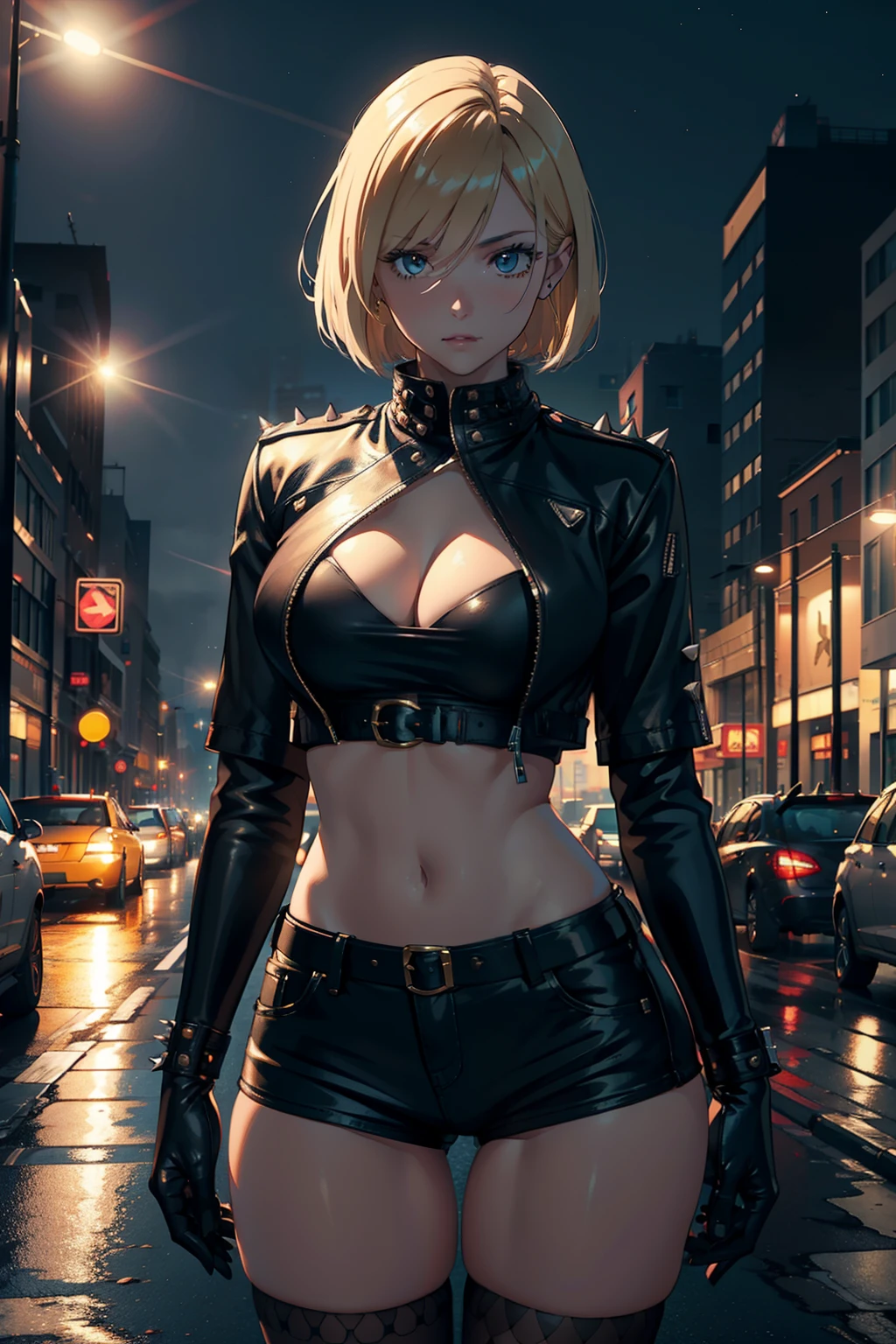 Picture a 27 years old female with golden bob cut hair wearing a leather jacket with short t shirt exposing her cleavage and hips, she should wear mini jeans with spiky belt and wearing a white black gloves.She should be wearing fishnet with high heels, set her in an open street filled with light metropolitan backdrop, Atmosphere should be a. Night starry sky. Cinematic, 4k, digital art, 8k, highly detailed, illustration, 3D anime art, gorgeous