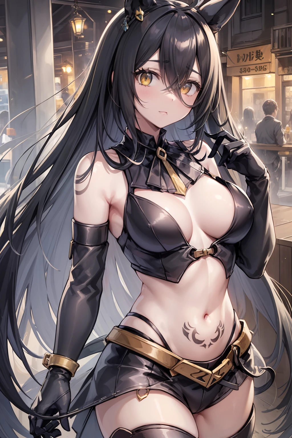 Super masterpiece, ultra best quality,Ultra-high image quality，（（（（Pixiv style of painting））））， （cowboy  shot），（Full body diagram），（（1girl in））, （（（Crow-style plague mask equipped on the face））,（（Crow-inspired black battlesuit））,（（ Crow Style Shoulder Body Armor））, （manhattan-cafe）,（（（long shiny black hair））），（（Ahoge with a gray hair color different from the hair color））, （（（Long black elongated bangs run down the face）））,（Black-haired horse ears），（black horse tail），（（（Golden eyes without highlights））），(((flat chest)))，（（Realistic butterfly on shoulder and stomach々Tattoos）），（（（Realistic butterfly in the middle of chest plate々Tattoos））），（（（Exposed belly, Inguinal and thoracic））），（（（Modern city rooftop at night）））