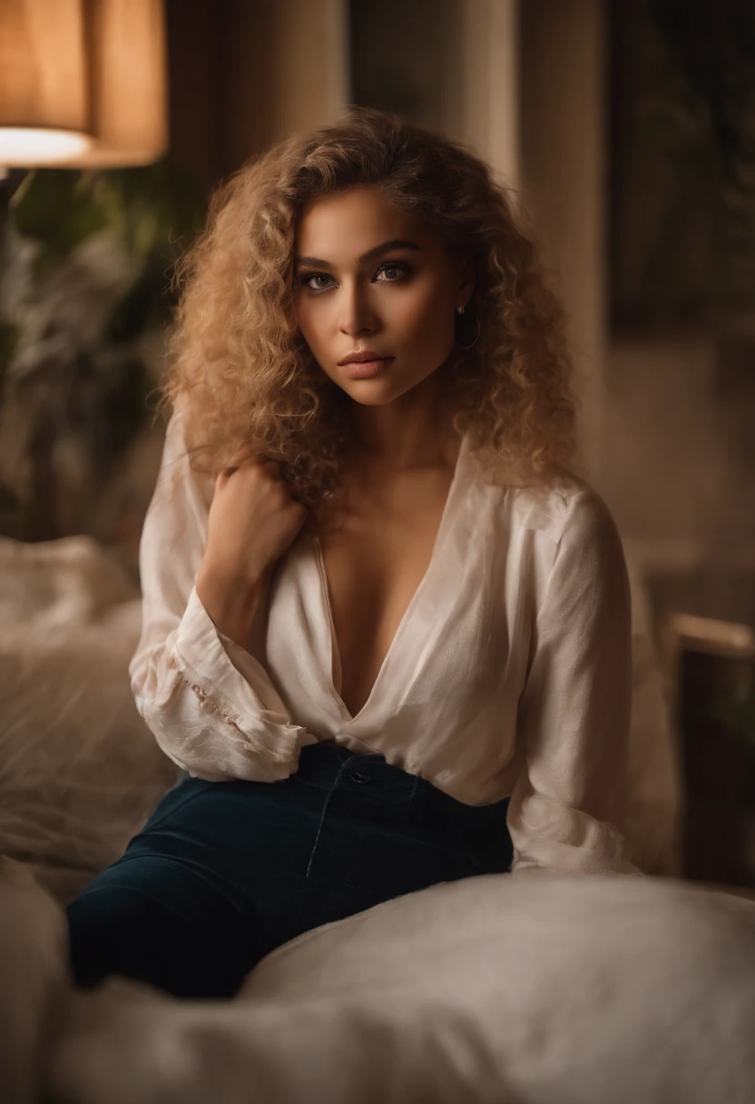 afro girl, oval-shaped face, high well-defined cheekbones, blushing cheeks, symmetrical face, slender nose, straight slightly upturned nose, delicate nose, symmetrical plump luscious full lips, softly closed mouth, expressive oval-shaped eyes, hazel eyes, defined perfect round irises, catch light, dilated pupils, well-groomed arch shaped perfect eyebrows, naturally blonde platinum thick hair, straight hair, flawless radiant skin, soft texture skin, curvaceous hourglass figure, tight waist, fit skinny petite physique, revealing cleavage, perfect boobs, perfect fit big ass, sensual abdomen, pure eros face, chill stare, subtle under-eye shadows, sitting on a bed, window with view with city lights, orange soft light, twilight, dim light, canon 85mm f1.2, bokeh, best quality, ultra high resolution, photorealistic, subtle blemishes, (acne:1.1), freckles, casual sexy seductive alluring outfit, panties, full body shot, light makeup, night, bokeh, pink, black, crimson