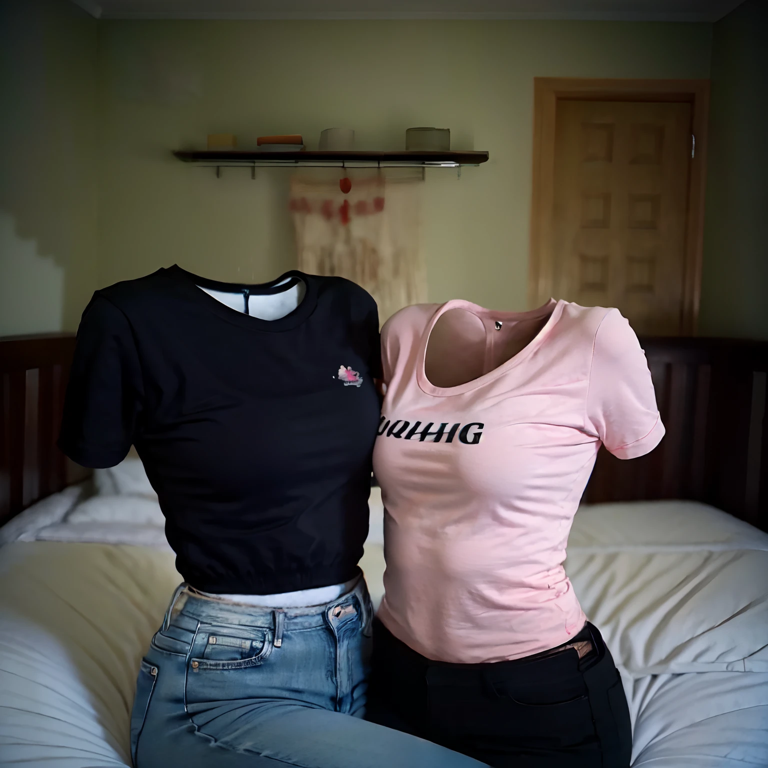 2 girls love each other, school shirt and leggings on bed, ((invisible, no humans:1.5, headless:1.5, handless, legless)), (big breast), (close-up to breast),
(8k, RAW photo, best quality, masterpiece:1.2), (realistic, photo-realistic:1.37),photon mapping, radiosity, ((Hasselblad photography)),physically-based rendering,
