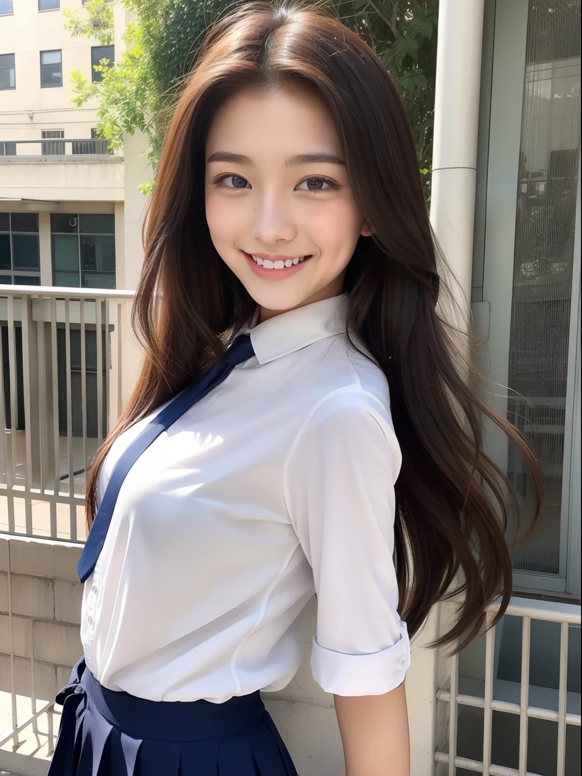 Beautuful Women、18year old 、FULL BODYSHOT、School route、female students、a smile