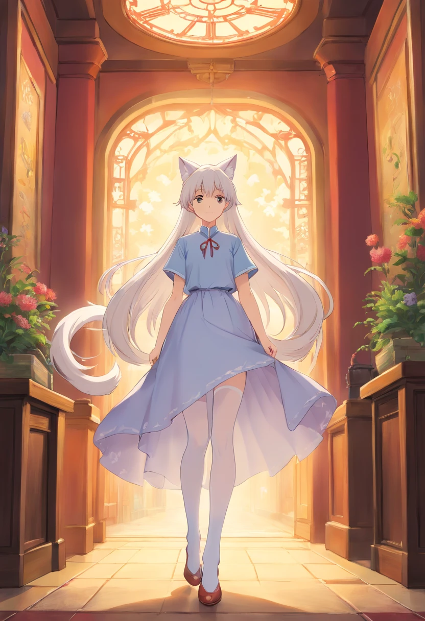 Masterpiece，Extremely tall girl，Huge maiden,Slender calves，Full limbs，Long-range shots,long  white hair，white stockings，a white long skirt，fox ear