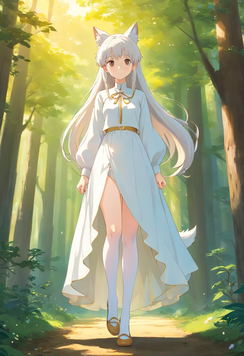 Masterpiece,Extremely tall girl,Huge maiden,Slender calves,Full limbs,Long-range shots,long white hair,white stockings,a white long skirt,fox ear