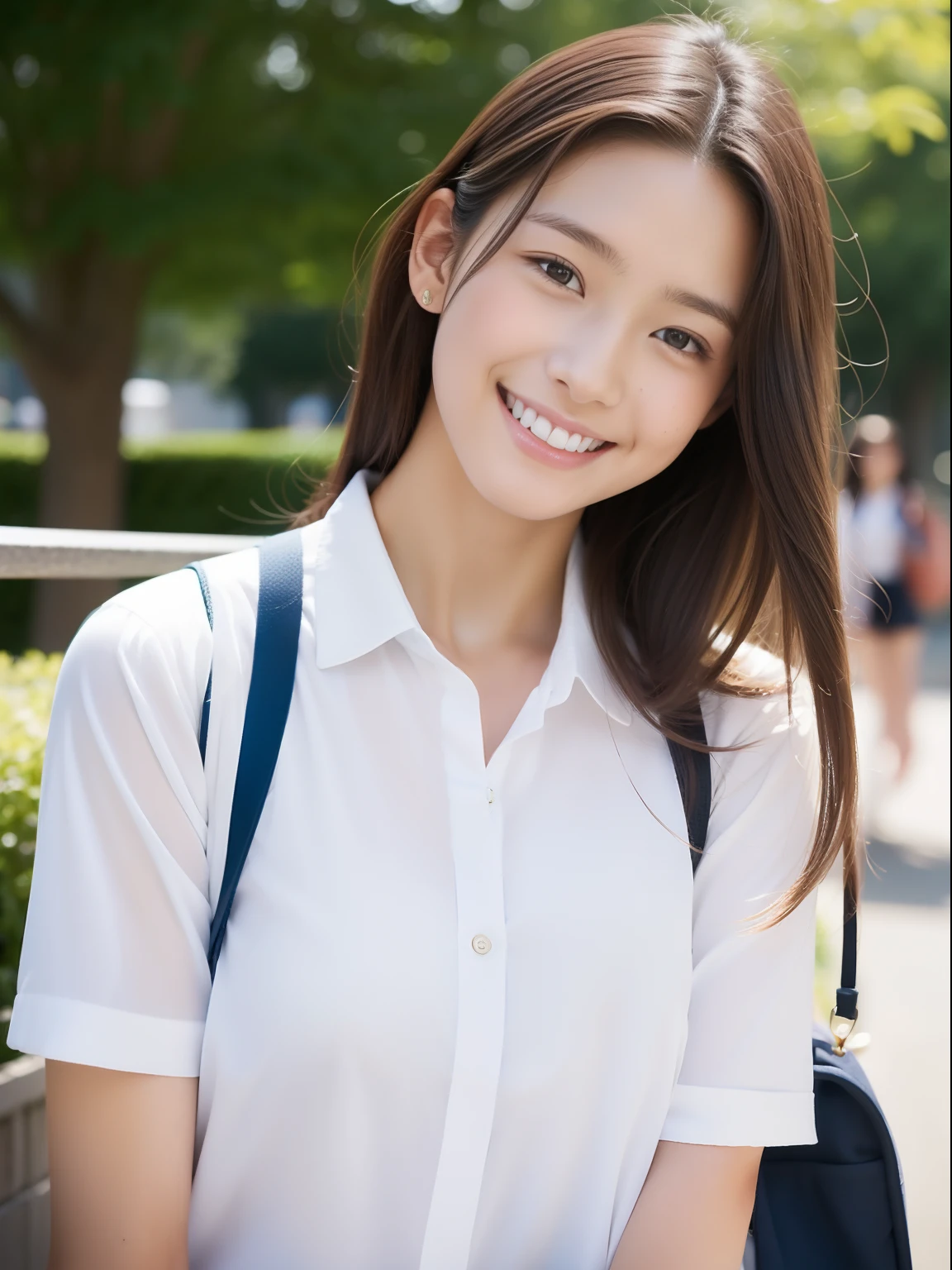 Japanese girl),((Beautiful girl)),cleavage,the expression imagining what feels good:1.2,(perfect body beauty:1.2),((perfect body)),(shy smile),beautiful teeth,