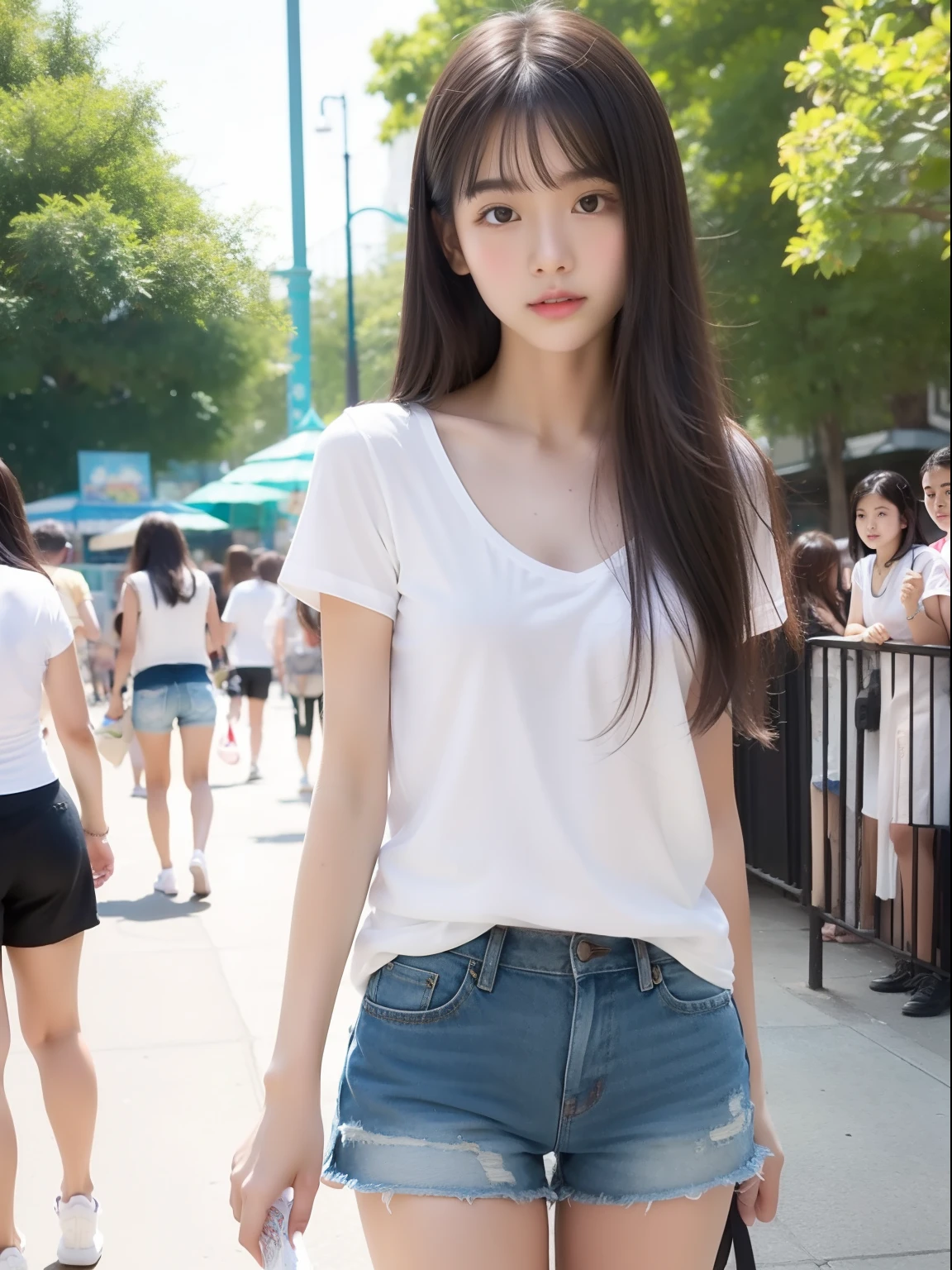 Looks Back，年轻，shortpants，Long white T-shirt，teens girl，Delicate body，ite body，Delicate body，small tits，tiny chest，A dark-haired，Very Longhair，An amusement park