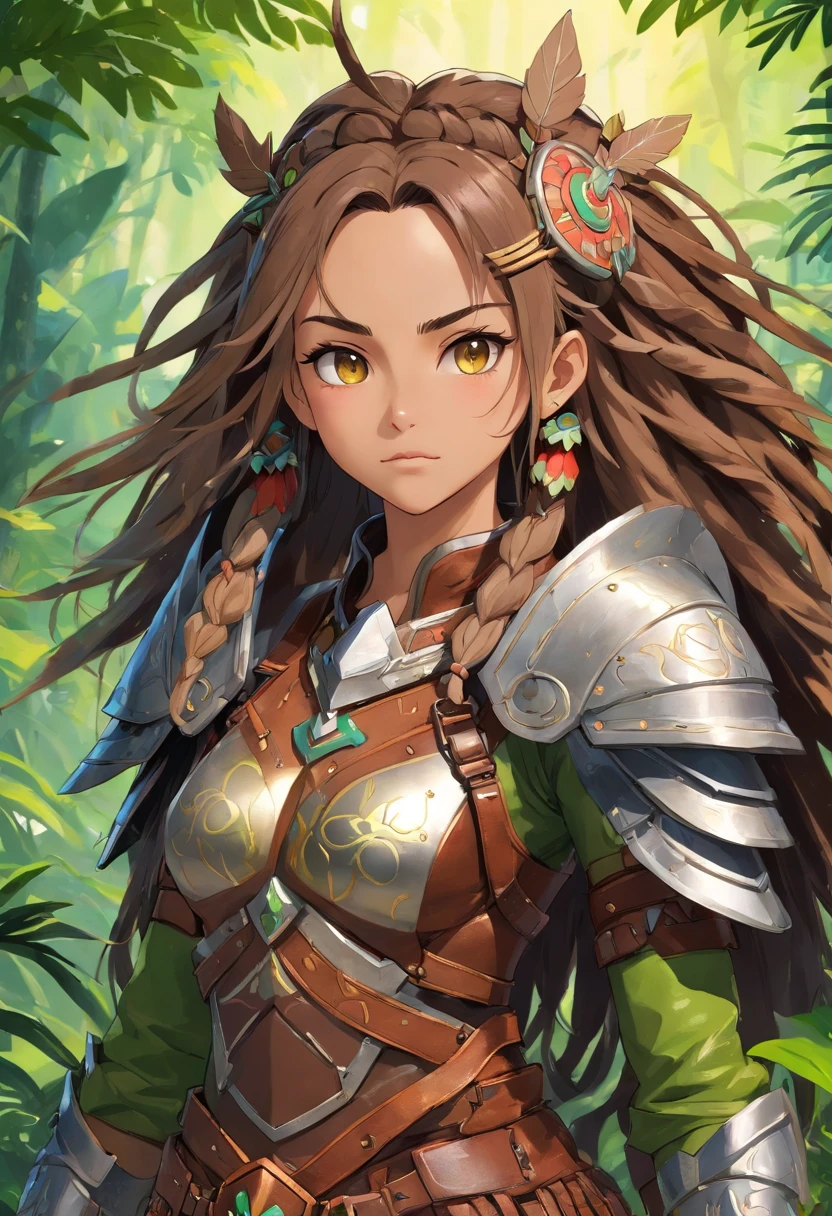 fantasy shaman, beautiful hungarian|indonesian woman, with dreadlocks, wearing ornate intricately decorated leather armor, realistic render, Dungeons and Dragons, Fantasy, octane render, zbrush. Character design, photorealistic, unreal engine, hyper-detailed, concept art, trending on art station. ((best quality)), ((masterpiece)), ((realistic)), (detailed), close up portrait, full body portrait, hazel eyes, wearing leather armor, highly detailed skin and hair, looking at the viewer, Fantasy art, stunning gradient colors, no watermark signature, closed mouth, detailed background, lush jungle, closed mouth, insanely detailed, ((masterpiece)), absurdres, HDR.,sexy