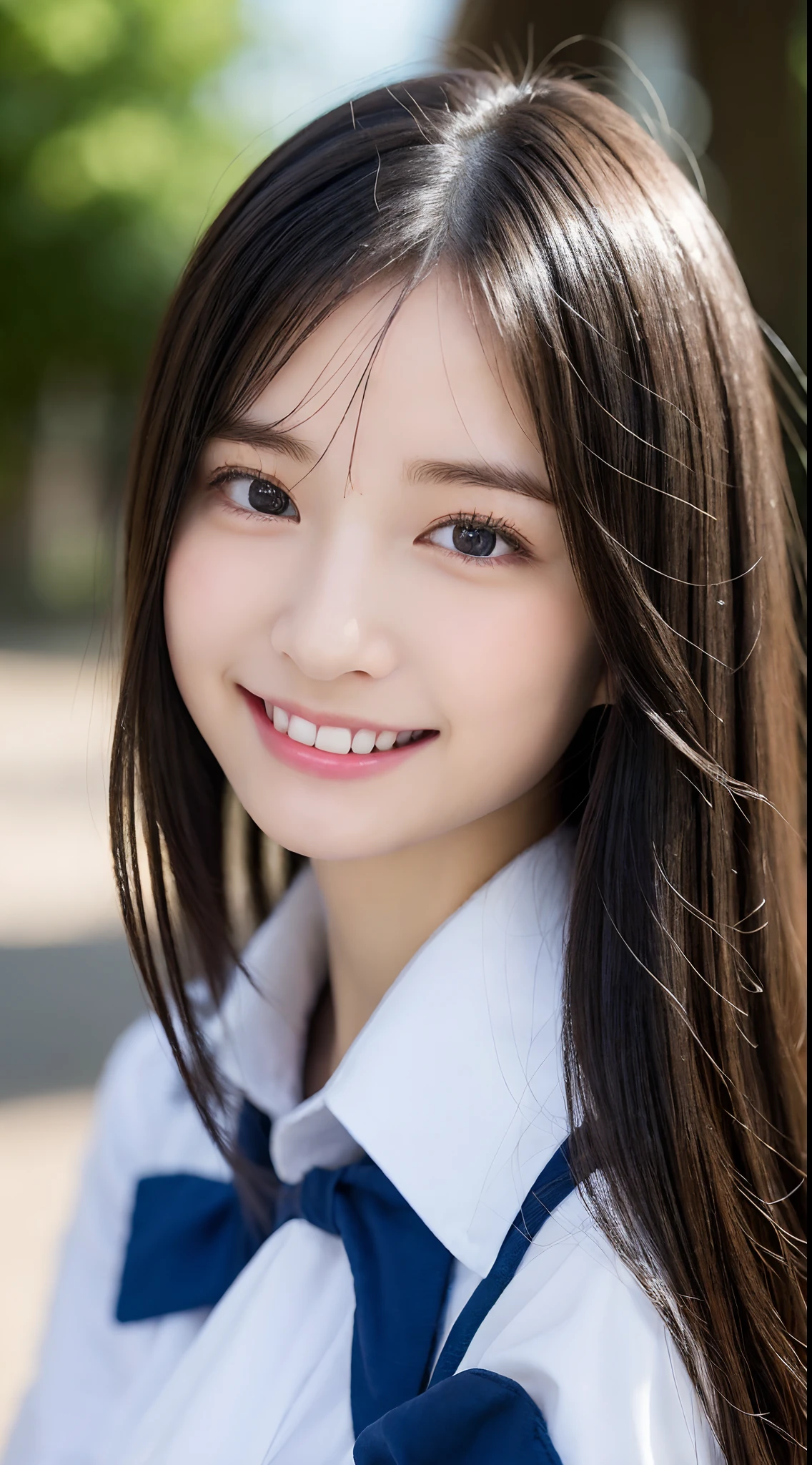selfee, (from the front side),(Face:1.3),(Eye focus:1.4),(close up:1.3),(wide eyes:1.3),Attractive eyes,Eyelashes,Round eyes,jewelry eyes,Twinkle Eyes,slanted eye, eyesight, long eyelashes, Eye Highlights,(Smile with open mouth),look at viewr,Light transparency, Diffraction of light, Best Quality, masutepiece, High quality, High resolution, Detailed, (1womanl), (high-school uniform:1.5), Beautiful face, Full face blush:1.3, Beautiful eyes, (Blue-black hair), (semi long hair),((Hair to the shoulders:1.2)) (18year old,) (ample breasts:1.2), (A smile:1.2),perfect fingers in perfect hands,((A smile:1.2))
