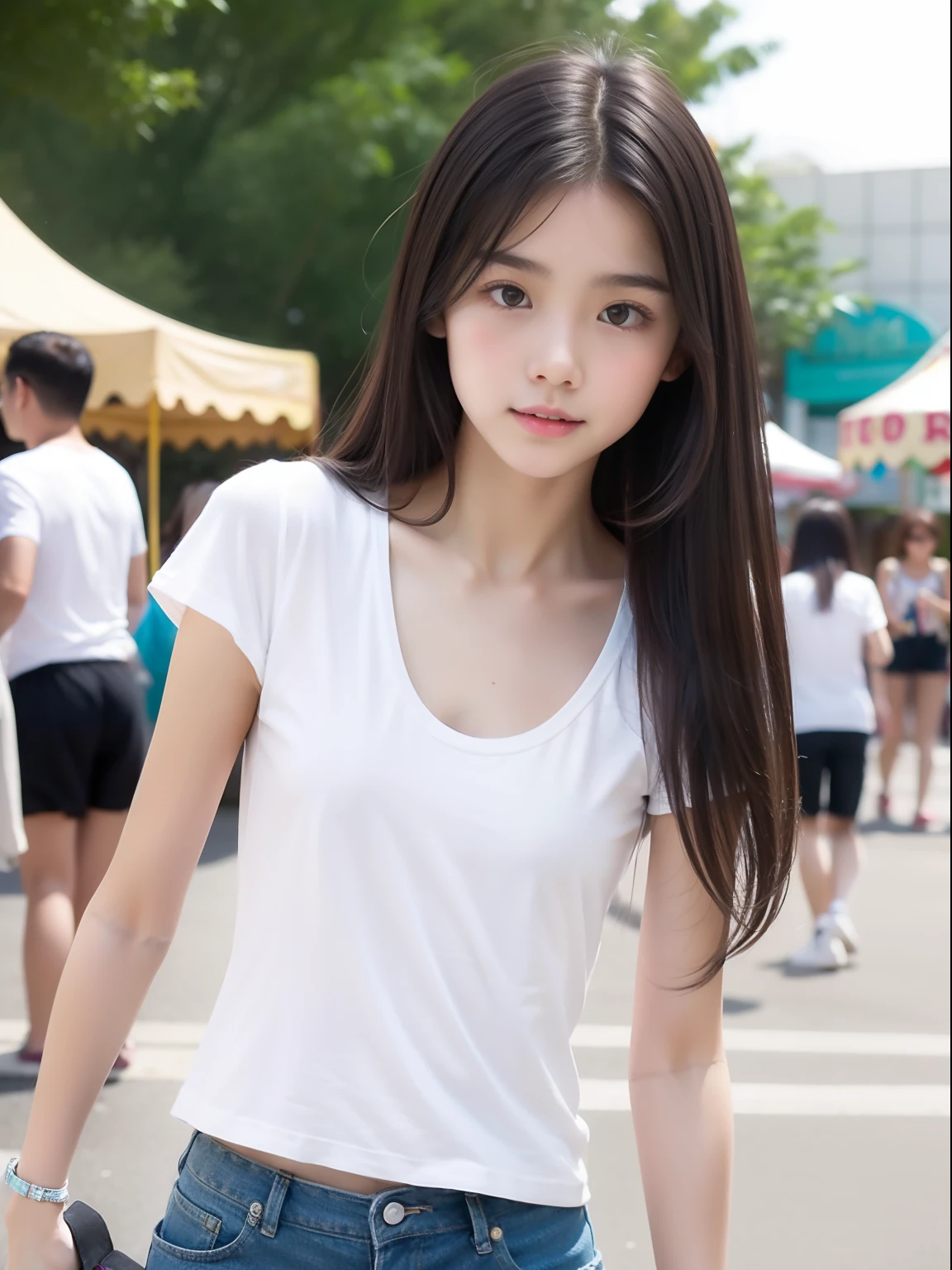 Looks Back，年轻，shortpants，Long white T-shirt，teens girl，Delicate body，ite body，Delicate body，small tits，tiny chest，A dark-haired，Very Longhair，An amusement park