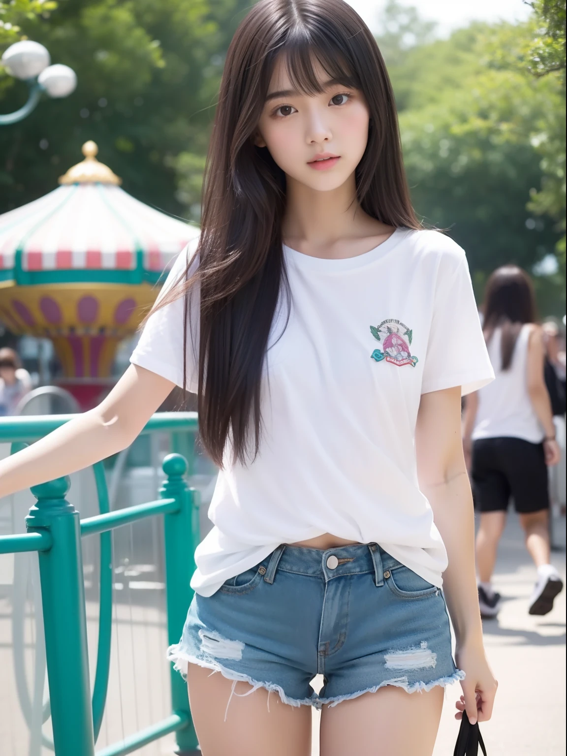 Looks Back，年轻，shortpants，Long white T-shirt，teens girl，Delicate body，petite body，Delicate body，small tits，tiny chest，A dark-haired，Very Longhair，An amusement park