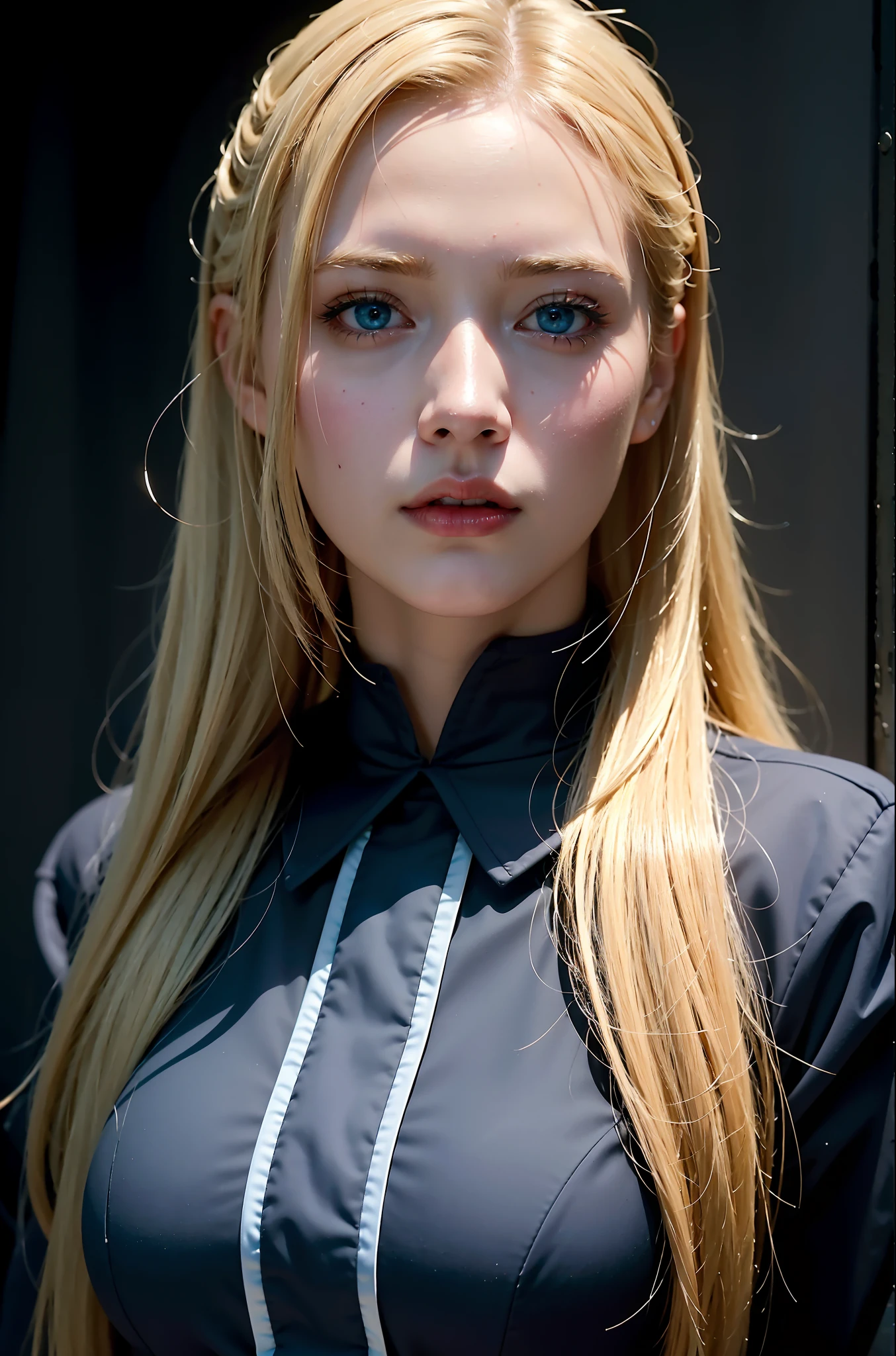 Best quality, masterpiece, ultra high res, (photorealistic:1.4), raw photo, 1girl, blonde hair, blue eyes, detailed eyes and face, black suit, dynamic lighting, in the dark, deep shadow, low key, cowboy shot full-lenght body