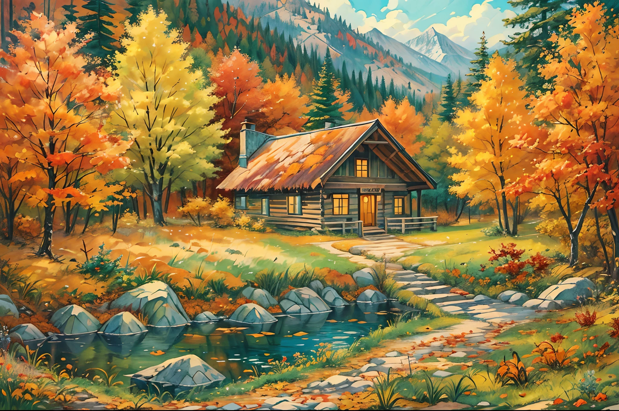 A secluded autumn resort deep in the mountains, Rustic cottage nestled among colorful trees, A winding path,It is covered with fallen leaves,Leads to a hidden lake, Peaceful and secluded feeling, Painting, watercolors on canvas