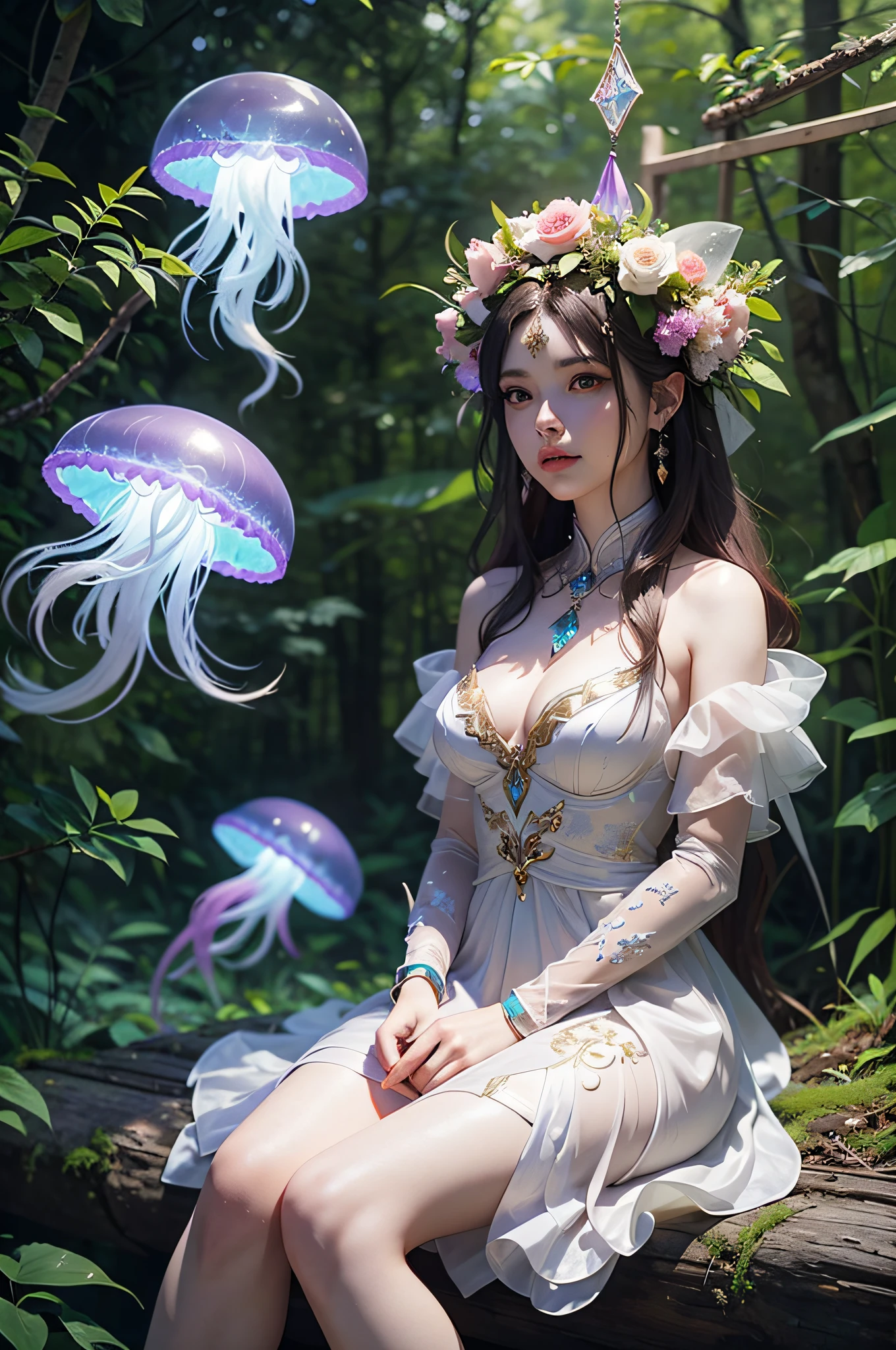 arafed woman in a sheered dress sitting in a forest, concept art by Russell Dongjun Lu, cgsociety contest winner, fantasy art, jellyfish priestess, ethereal beauty, fantasy photoshoot, a stunning young ethereal figure, fantasy gorgeous lighting, ethereal fantasy, jellyfish shrine maiden, jellyfish phoenix, jellyfish pheonix, ethereal glow, translucent dress, ethereal and dreamy