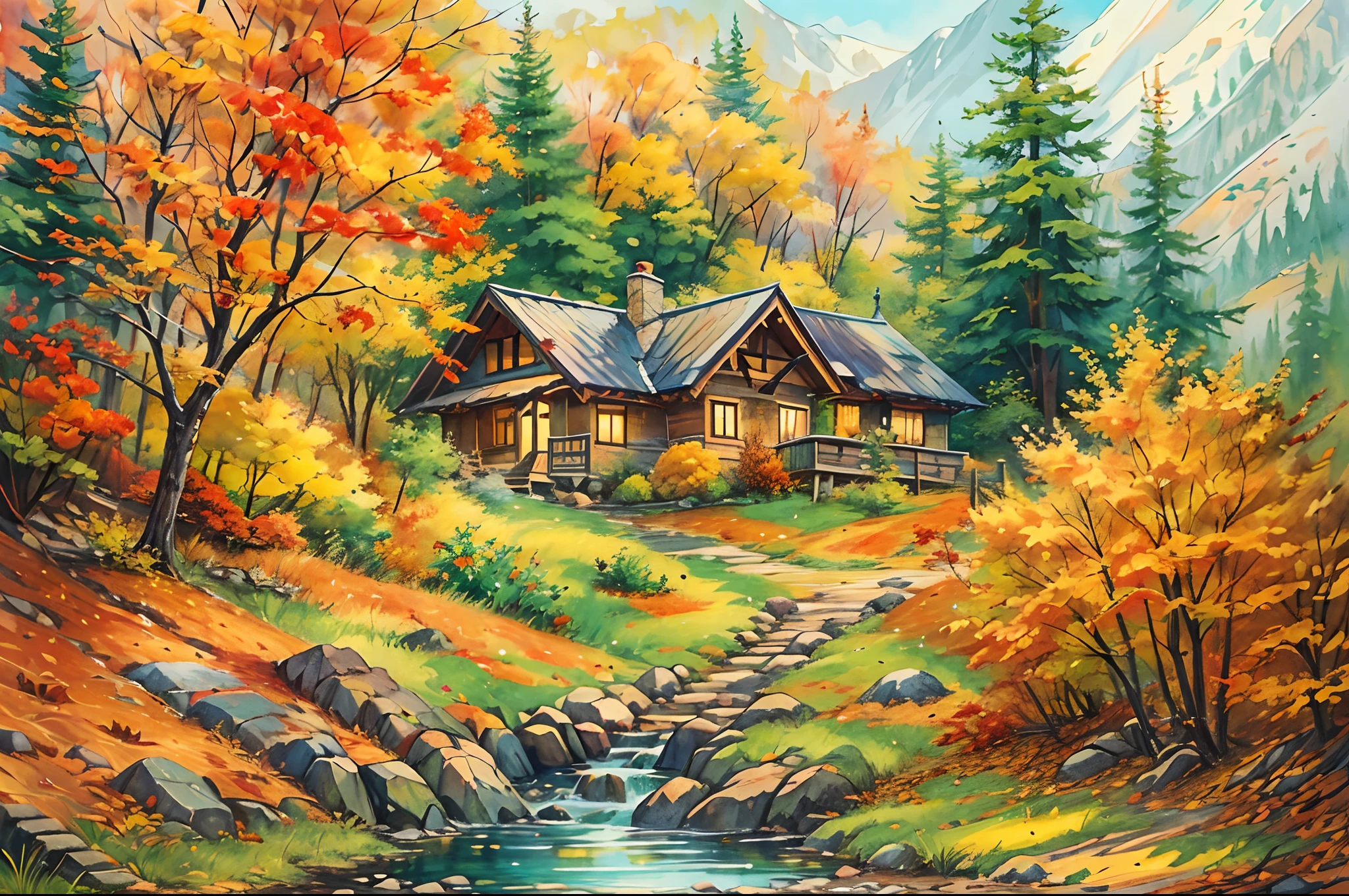 A secluded autumn resort deep in the mountains, Rustic cottage nestled among colorful trees, A winding path，It is covered with fallen leaves，Leads to a hidden lake, Peaceful and secluded feeling, Painting, watercolors on canvas
