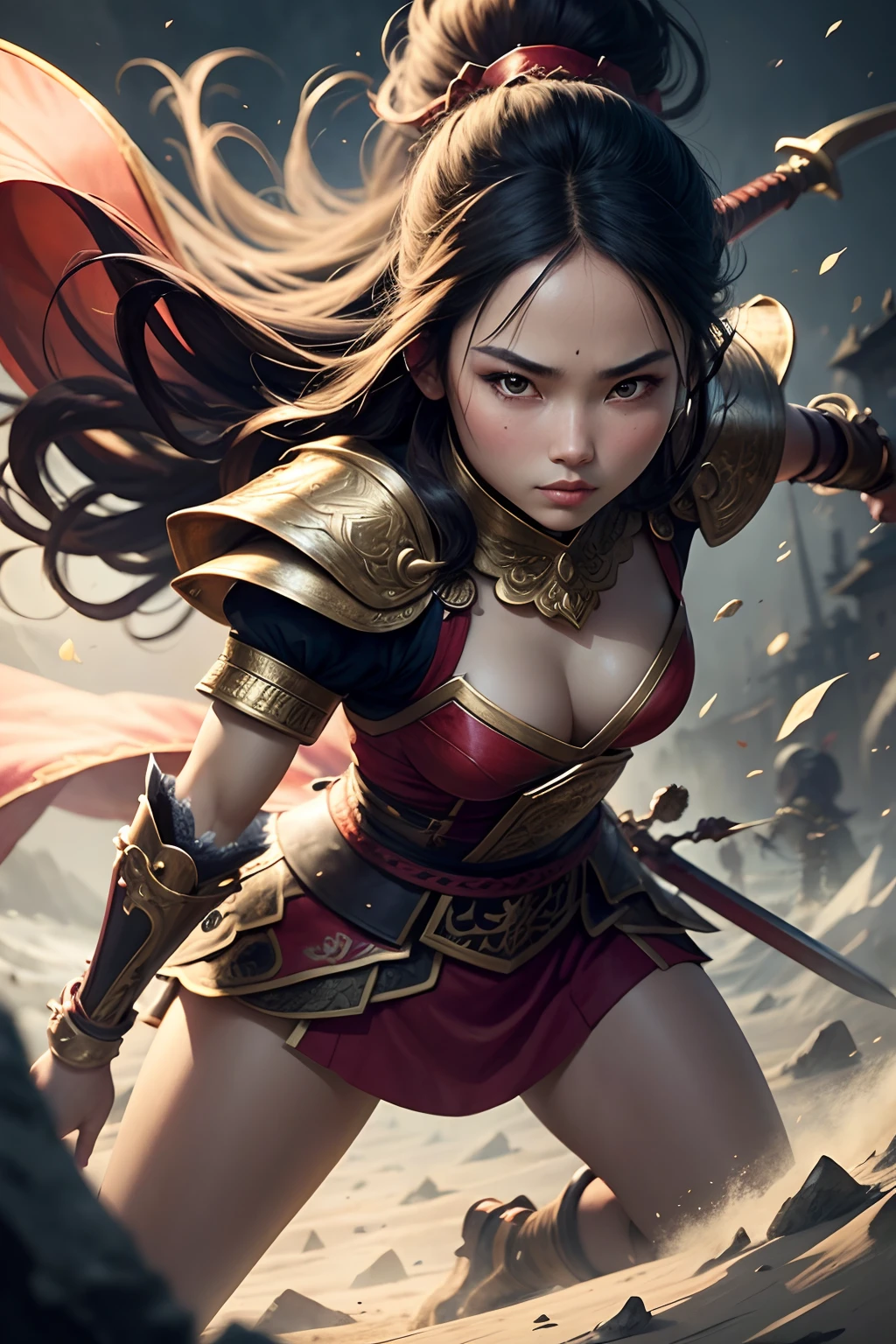 (Best quality), Detailed background, Oriental nobility,warrior girl,The art of fighting,holding halberd,their, Monster army